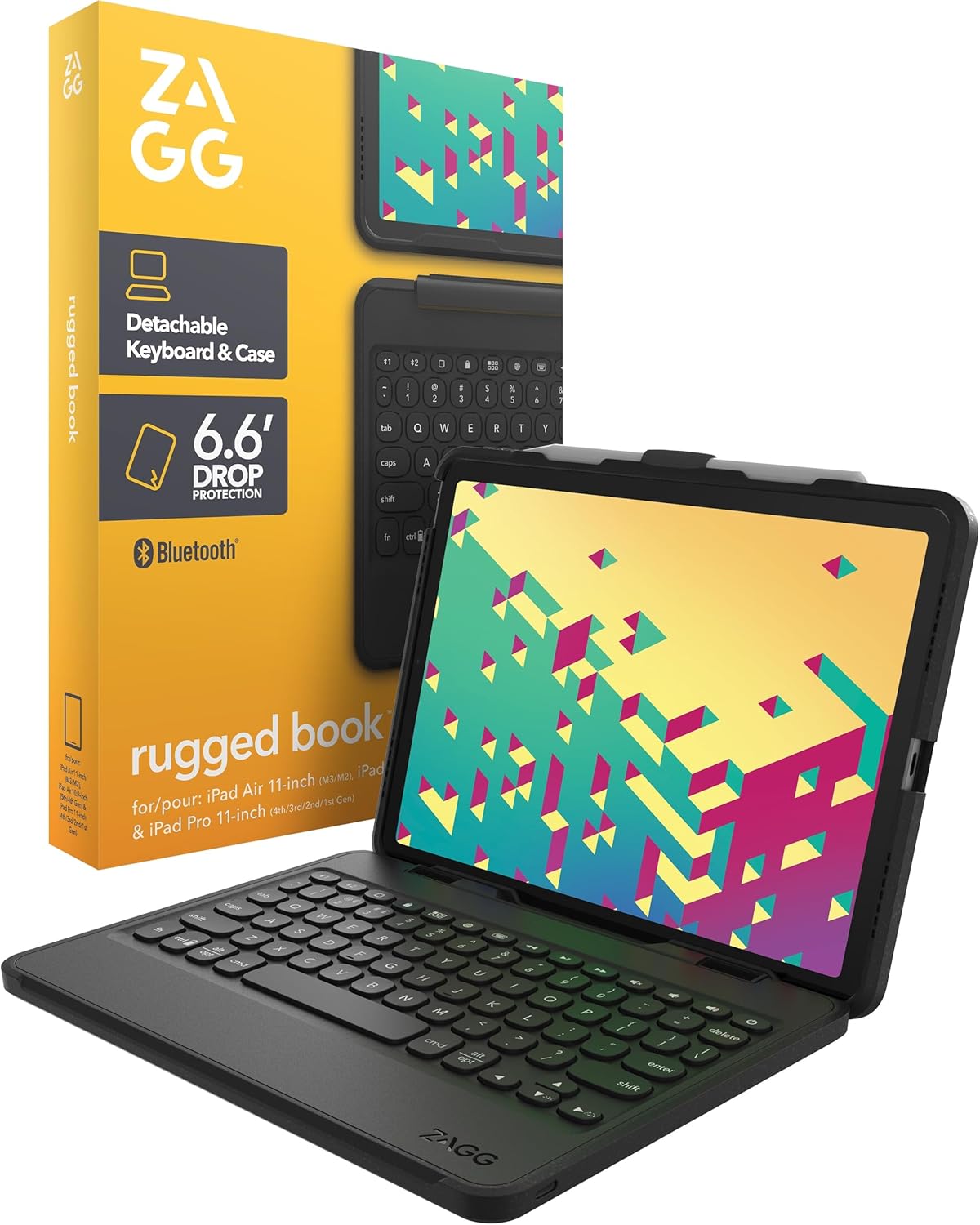 ZAGG Rugged Book Detachable Case and Magnetic-Hinged Keyboard for iPad Air 11" (M3)/ Air 11" (M2)/ iPad 10.9" (air 4th gen)/ 11" (1st & 2nd Gen), Bluetooth Pairing, Backlit Keyboard, Black