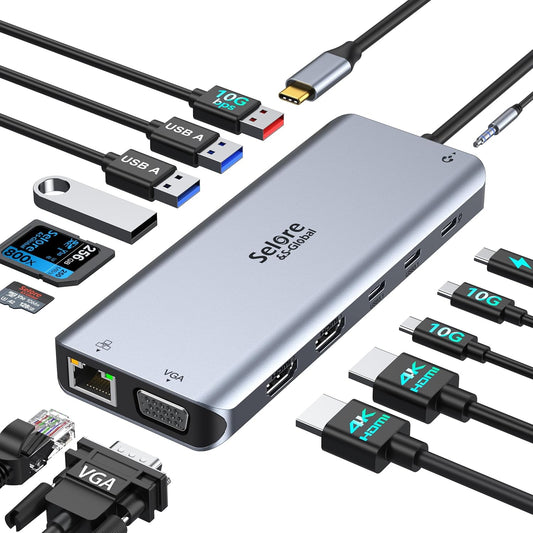 Selore USB C Docking Station Dual Monitor,LaptopDocking Station,14 in 1 Docking Station 3 Monitors with 2 HDMI,VGA,10G USB A/C,100W PD,6 USB A/C Ports,USB C Hub Multiport Adapter for Windows Laptop