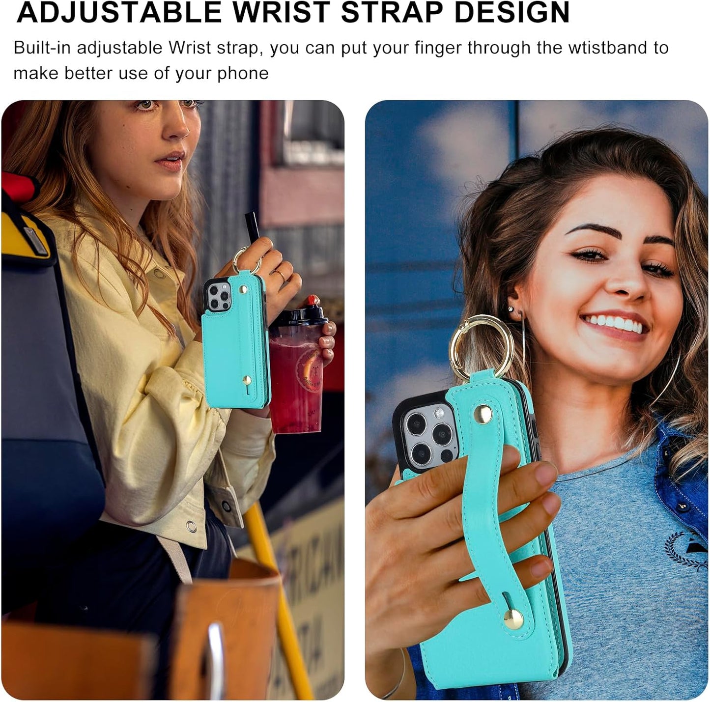 Folosu for iPhone 12/12 Pro Wallet Case with Card Holder, Hand Wrist Strap Loop Holder Kickstand, RFID Blocking Finger Grip Ring PU Leather Double Buttons Shockproof Cover 6.1" Green"