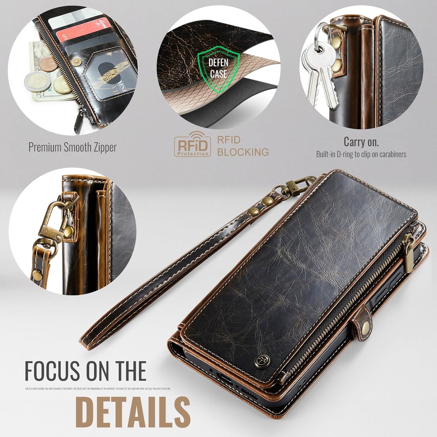 Defencase for Galaxy A26 5G Case Wallet with RFID Blocking Card Holder for Women Men, Fashion PU Leather Magnetic Snap Flip Zipper Wrist Strap Wallet Phone Case for Samsung Galaxy A26 5G, Coffee