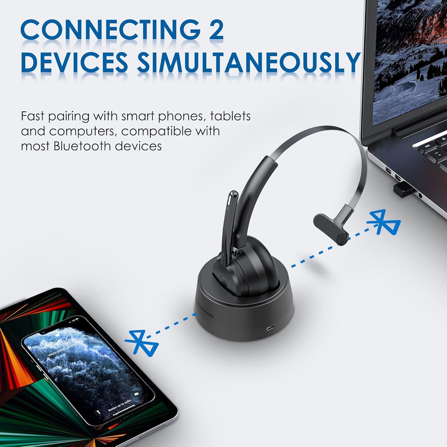 Bluetooth Headset, Wireless Headphone with AI Noise-Canceling Microphone for Computer, On Ear Bluetooth Headset with USB Dongle for Office Call Center Skype Zoom Meeting Online Class (Black)
