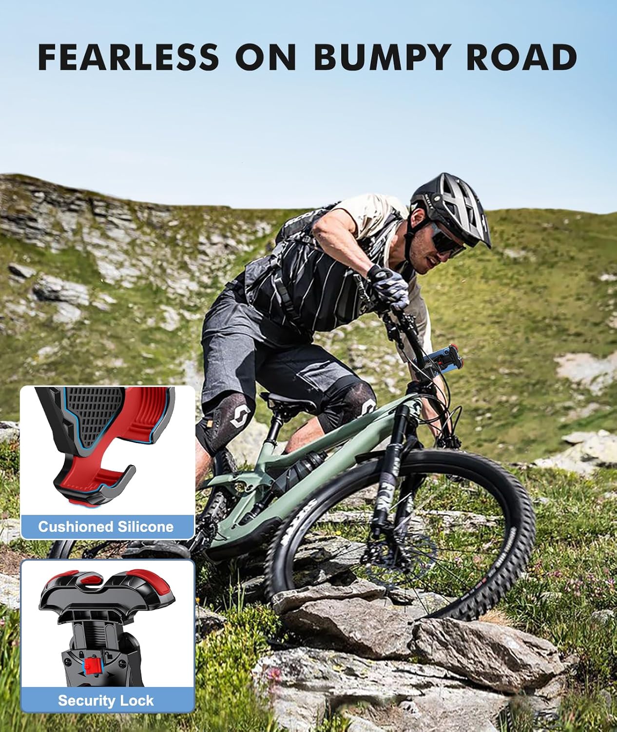 Motorcycle Phone Mount, Upgrade Bike Phone Mount [1s Lock][Secure Protection], 360° Rotatable Phone Holder for Mountain Bike/ATV/Scooter Handlebar, Compatible with iPhone/Samsung 4.7-6.7" (Red)"