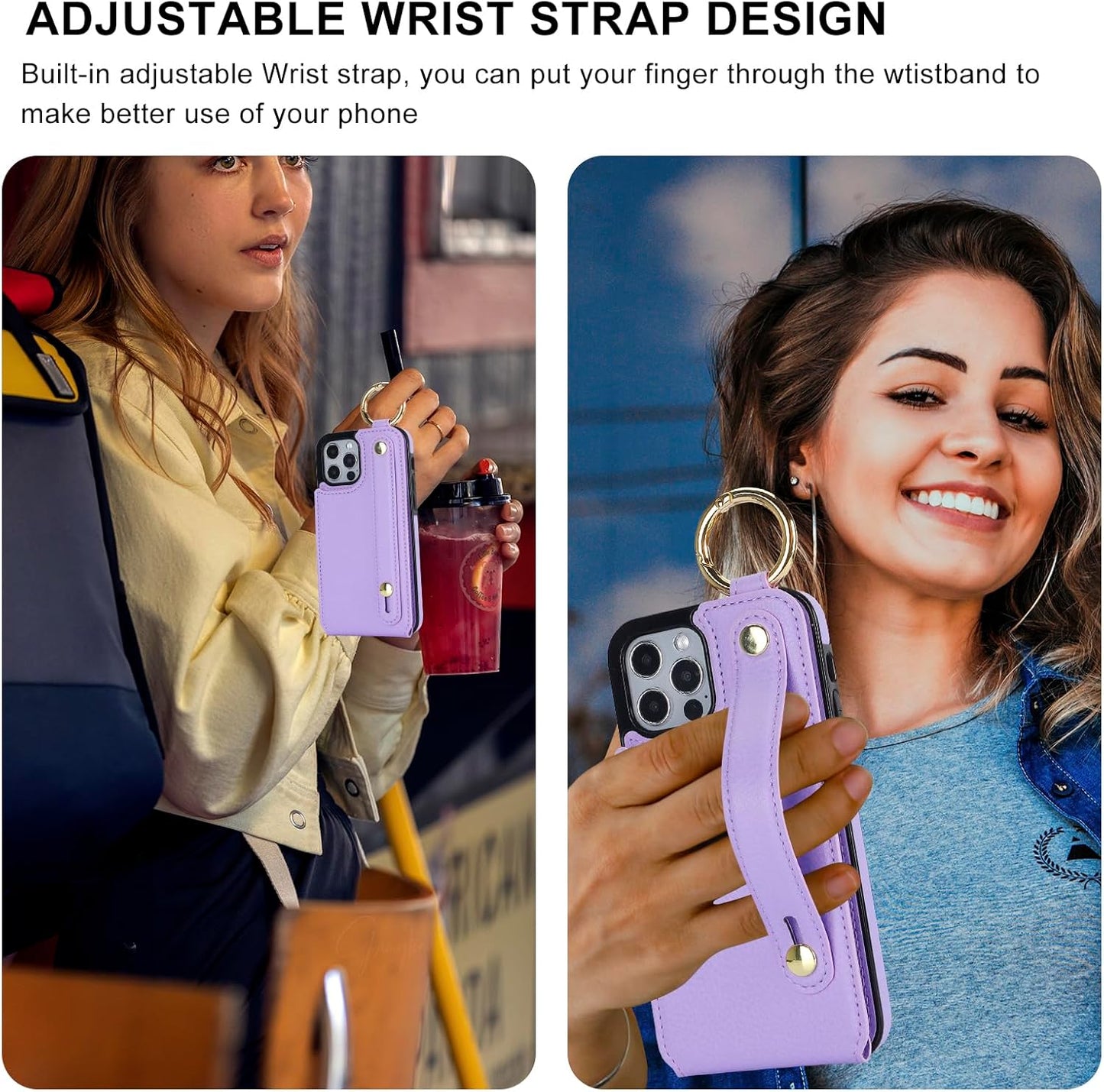 Folosu for iPhone 12/12 Pro Wallet Case with Card Holder, Hand Wrist Strap Loop Holder Kickstand, RFID Blocking Finger Grip Ring PU Leather Double Buttons Shockproof Cover 6.1" Purple"