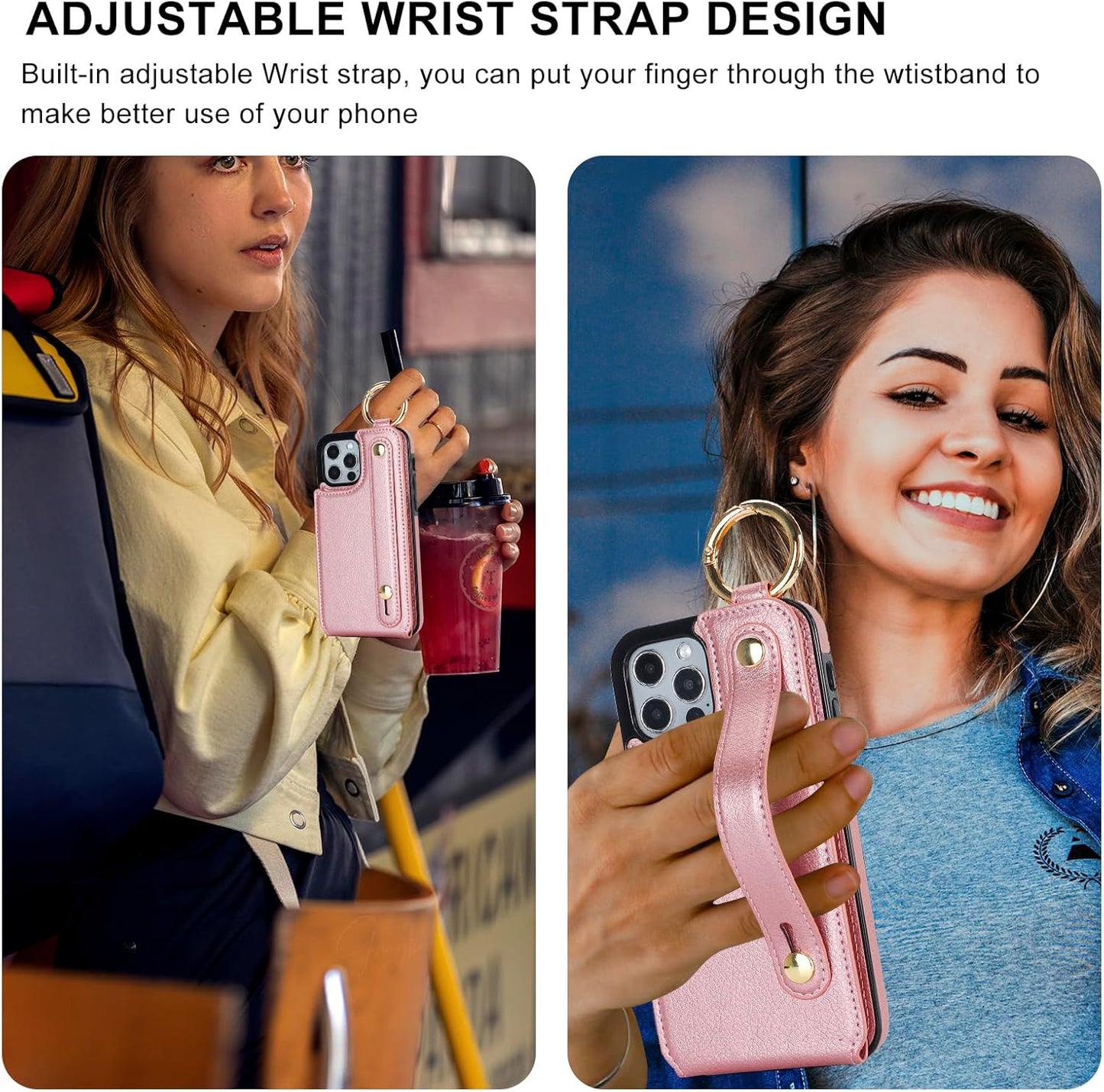 Folosu for iPhone 12/12 Pro Wallet Case with Card Holder, Hand Wrist Strap Loop Holder Kickstand, RFID Blocking Finger Grip Ring PU Leather Double Buttons Shockproof Cover 6.1" Rosegold"