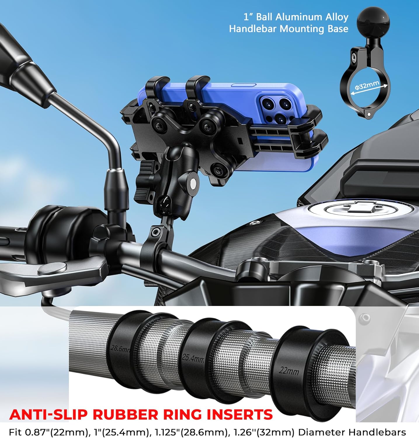Motorcycle Phone Mount with Vibration Dampener, Anti-Shake Bike Phone Holder with Aluminum Alloy Handlebar Clamp, One-Handed Operation Motorcycle Cellphone Mount Fit for 5.4"-7.2"" Smartphone"