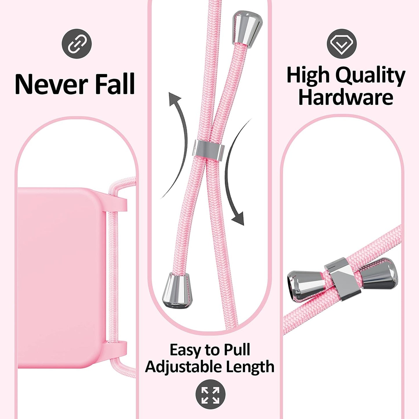 Blaspins Crossbody Strap Phone Case for iPhone 13 Pro Max, Adjustable Rope, Belt Neck Lanyard, String Detach Lanyard, Drop Proof Sturdy, Wrist Hand Free Protective Cover 6.7 inch 13 Pro Max - Pink