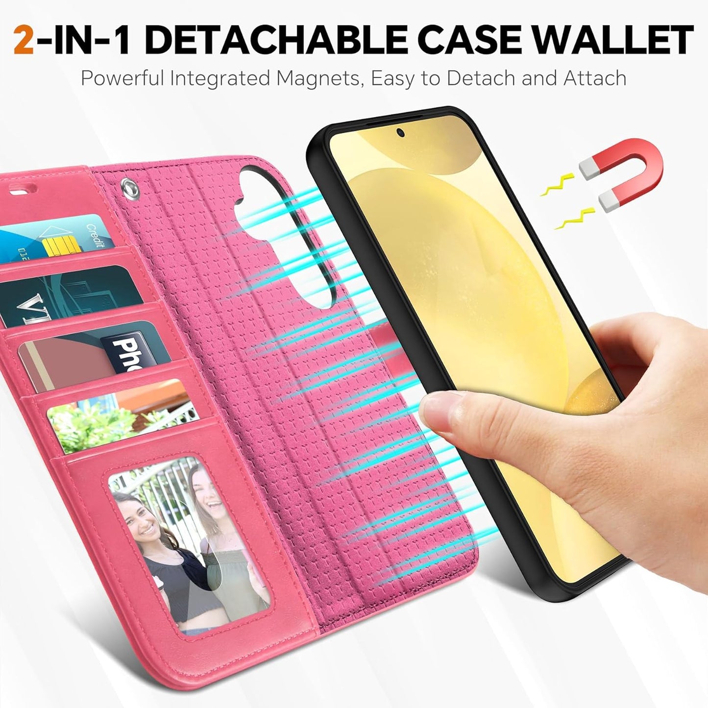 TUCCH Case for Galaxy S25 Plus, [Detachable] 2 in 1 Magnetic PU Leather Wallet Case Wrist Strap RFID Blocking Wireless Charging 4 Card Holder Stand Removable Folio Cover for Galaxy S25 Plus, Hot Pink