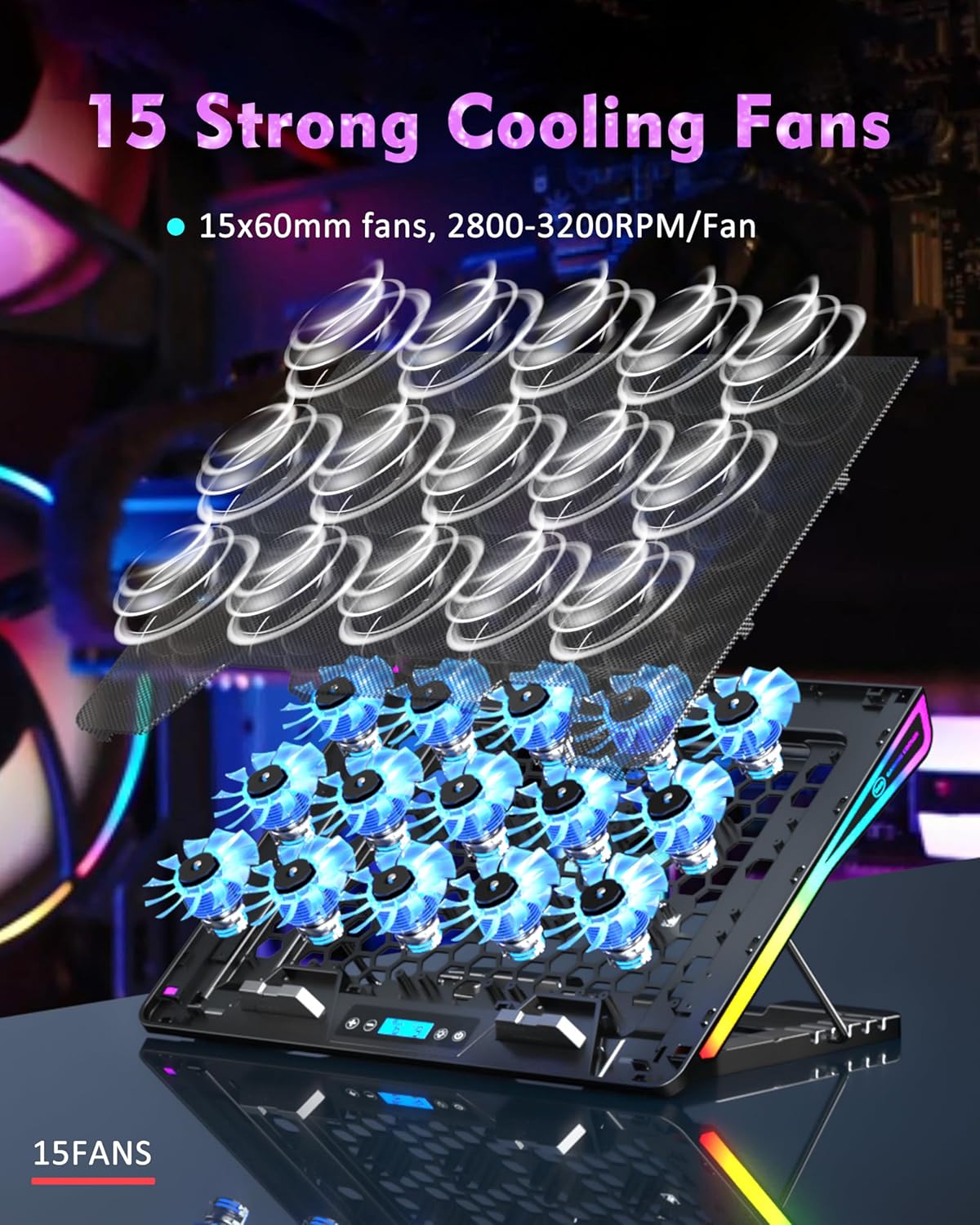 AICHESON Laptop Cooling Pad, 15 Powerful Cooling Fans, Gaming Laptop Cooler with RGB Lights for 15-17.3 inch PC Computers