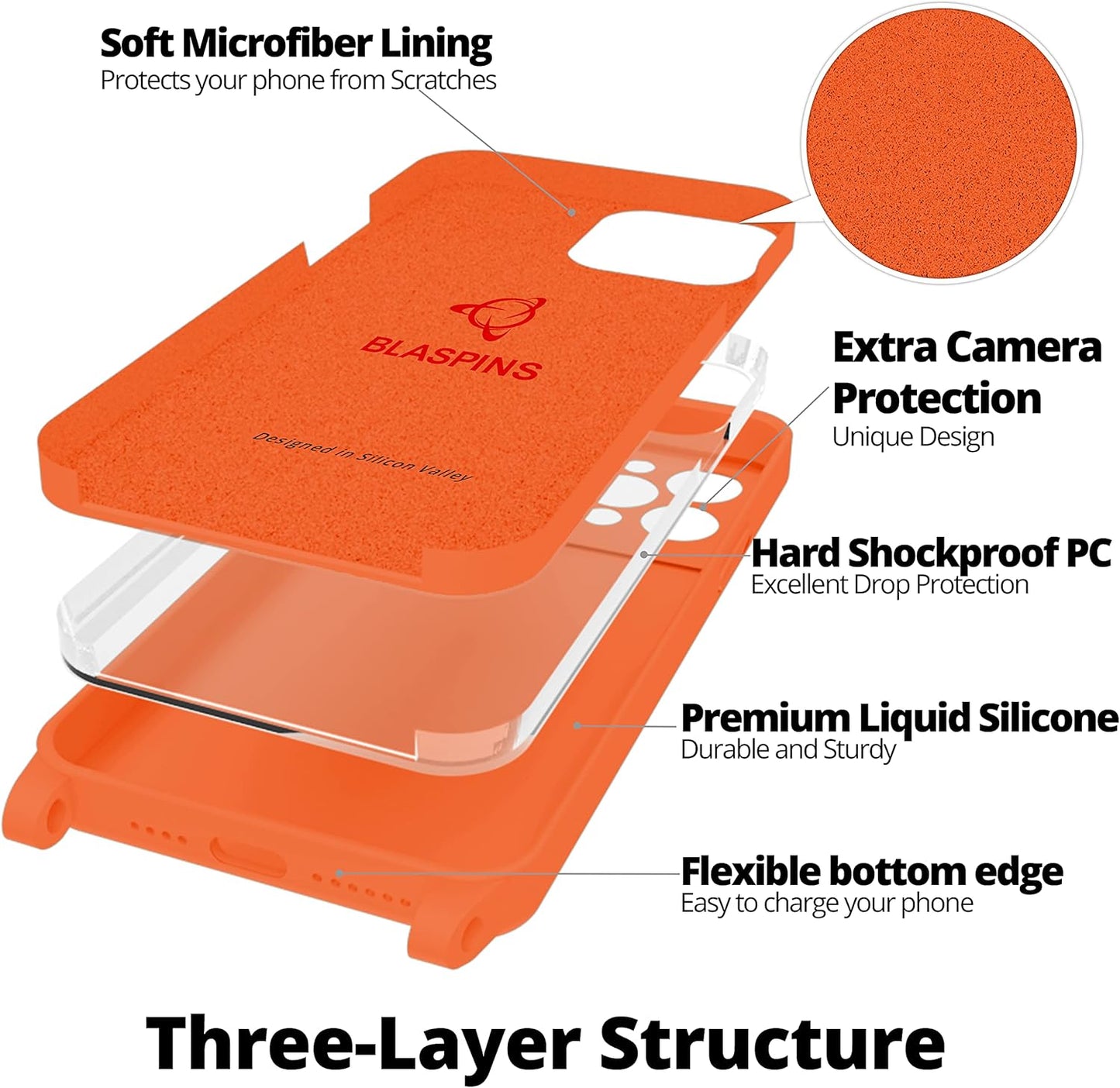 Blaspins Crossbody Lanyard Strap Case for iPhone 13, Neck Cross Body, Adjustable Holder Removable, Drop Protection Shockproof, Hands-Free Silicone Case Cover 6.1 inch, 150 cm Strap, iP13 - Orange