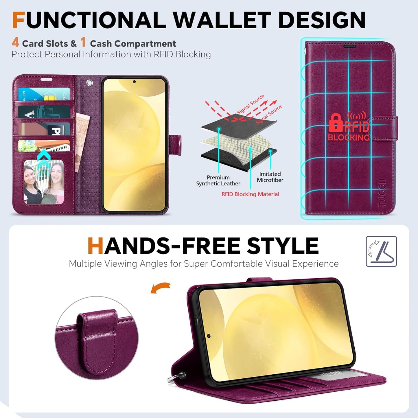 TUCCH Case for Galaxy S25, [Detachable] 2 in 1 Magnetic PU Leather Wallet Case Wrist Strap RFID Blocking Wireless Charging 4 Card Slot Kickstand Removable Flip Folio Cover for Galaxy S25, Plum Purple
