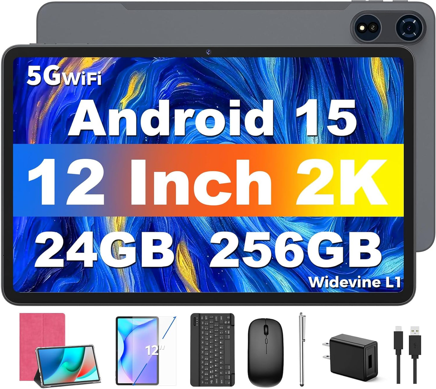 Tablet 12 inch Android 15 Tablets, 24GB（8+16）RAM+256 Storage(Expand to 1TB), Android Tablet with Keyboard, Octa-Core, 2K 2000x1200 Display, 16MP Dual Camera, 8000mAh, 5G WiFi,GPS,Bluetooth 5.0（Pink）