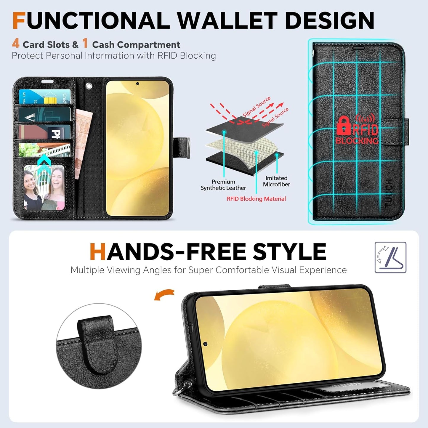 TUCCH Wallet Case for Galaxy S25 Plus, [Removable] 2 in 1 [Wireless Charging] Wrist Strap RFID Blocking [4 Card Holders] Magnetic Detachable Stand PU Leather Cover for Galaxy S25 Plus, Textured Black