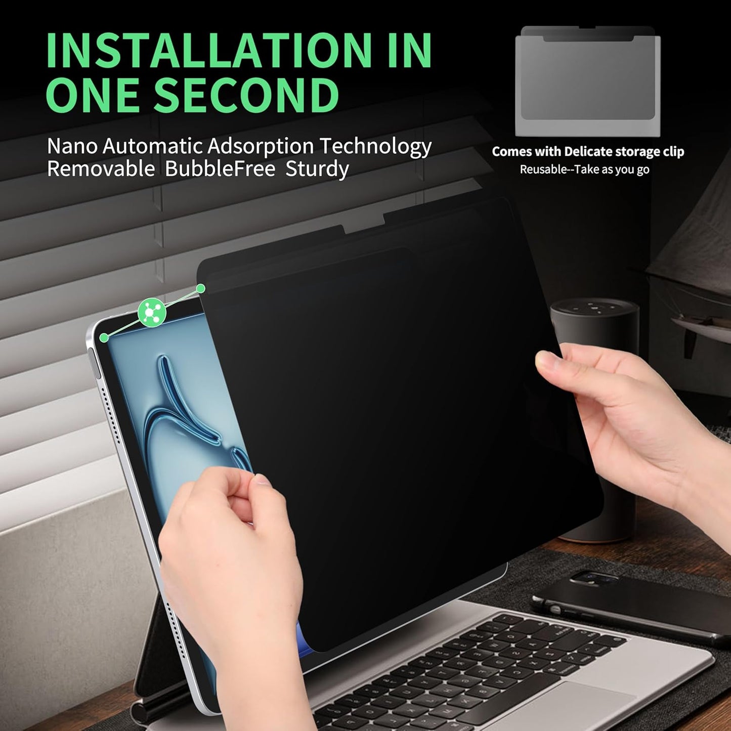 Privacy Screen Protector for iPad Pro 11 Inch M4 2024 5th Generation (A2836 A2837 A3006), Nano iPad Pro 11" Removable Filter Easy Install Film Bubble-Free Guard Anti Blue Light Anti-Spy Shield"