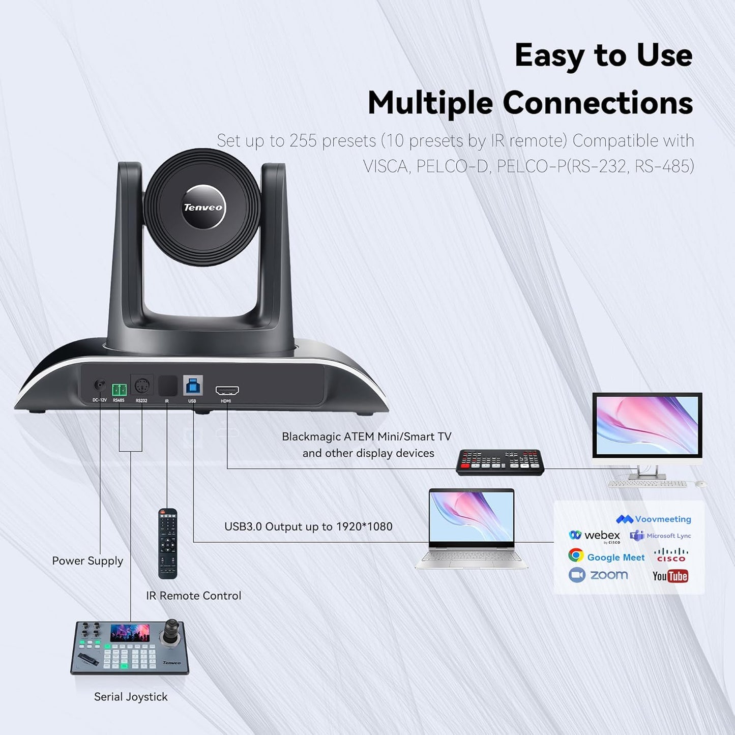 Tenveo PTZ Conference Room Camera 10X Optical Zoom USB3.0/HDMI/RS232 Wide Angle FHD 1080P 60FPS for Video Conferencing Business Meeting Live Streaming Church Services Worship Zoom Teams OBS