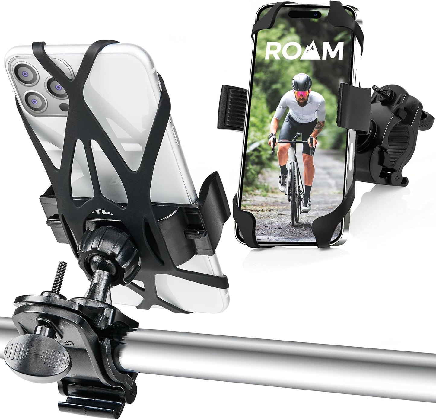 Roam Universal Black Net Bike Phone Mount Holder, 360° Rotation Hands Free Cell Navigation System for Motorcycle eBike Dirt Road Cruiser Scooter Jogging Stroller, Adjustable Up to 3.6" W x 7"" L"