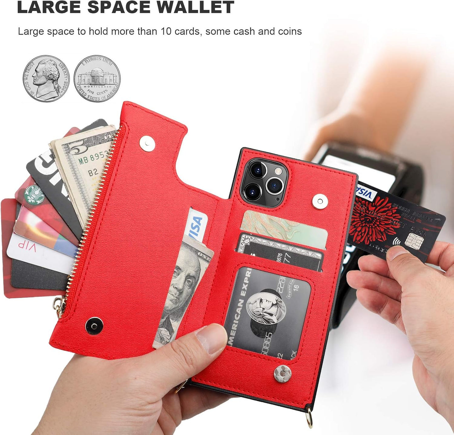 Bocasal Crossbody Wallet Case for iPhone 11 Pro with Card Holder,Zipper Card Slot Protector Shockproof Purse Cover with Removable Cross Body Strap 5.8 Inch(Red)