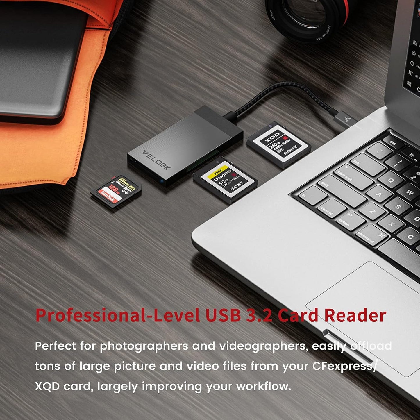 3-in-1 CFexpress/XQD/SD Card Reader USB C, VELOGK Dual-Slot USB 3.2(10Gbps) CFexpress Type B Card Reader Adapter compatible with Android/Windows/Mac OS/Linux, with Brushed Aluminum Case&Portable Pouch