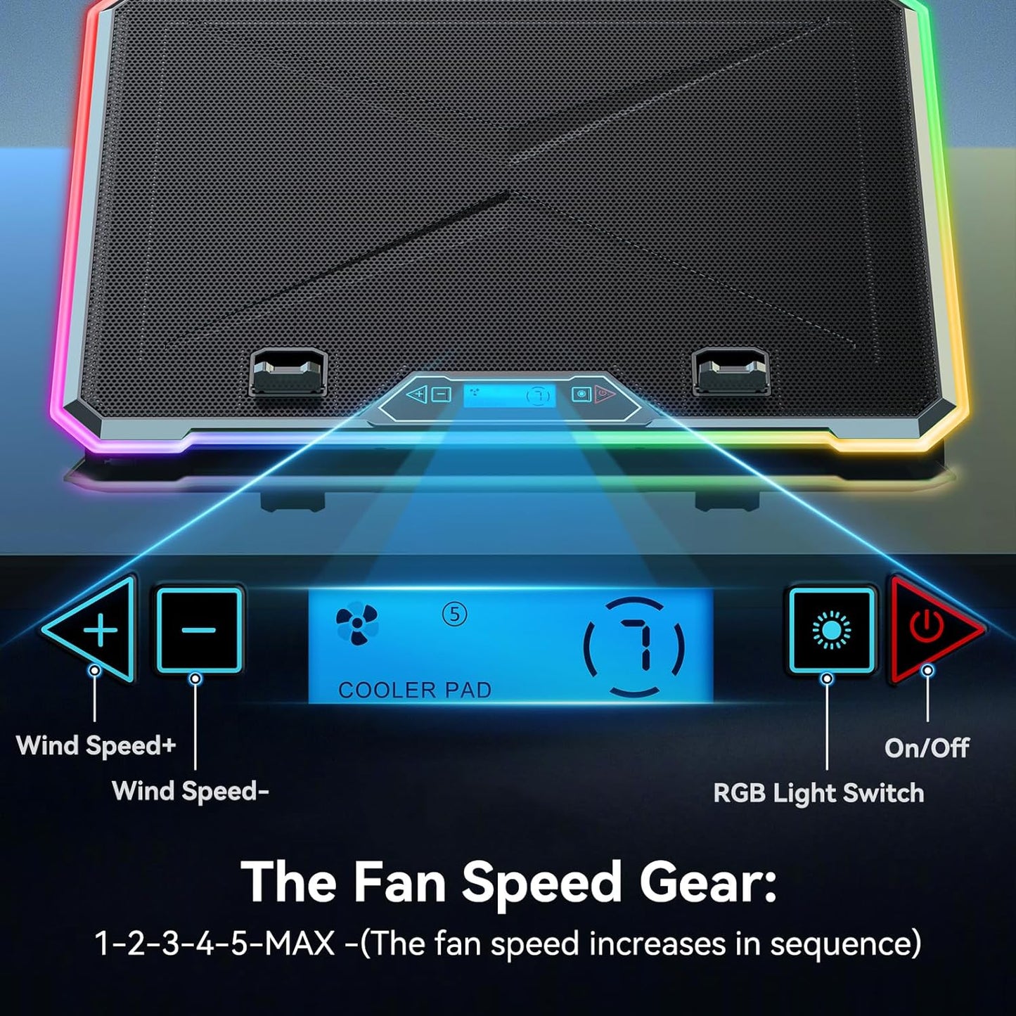 Gaming Laptop Cooler with 13 Ultra Quiet Fans, LCD Screen and Multi Color RGB - 10 Lighting Modes, 9 Adjustable Heights, Dual USB Ports, Built in Phone Holder for 15 to 21 Inch Laptops on Desk or Lap