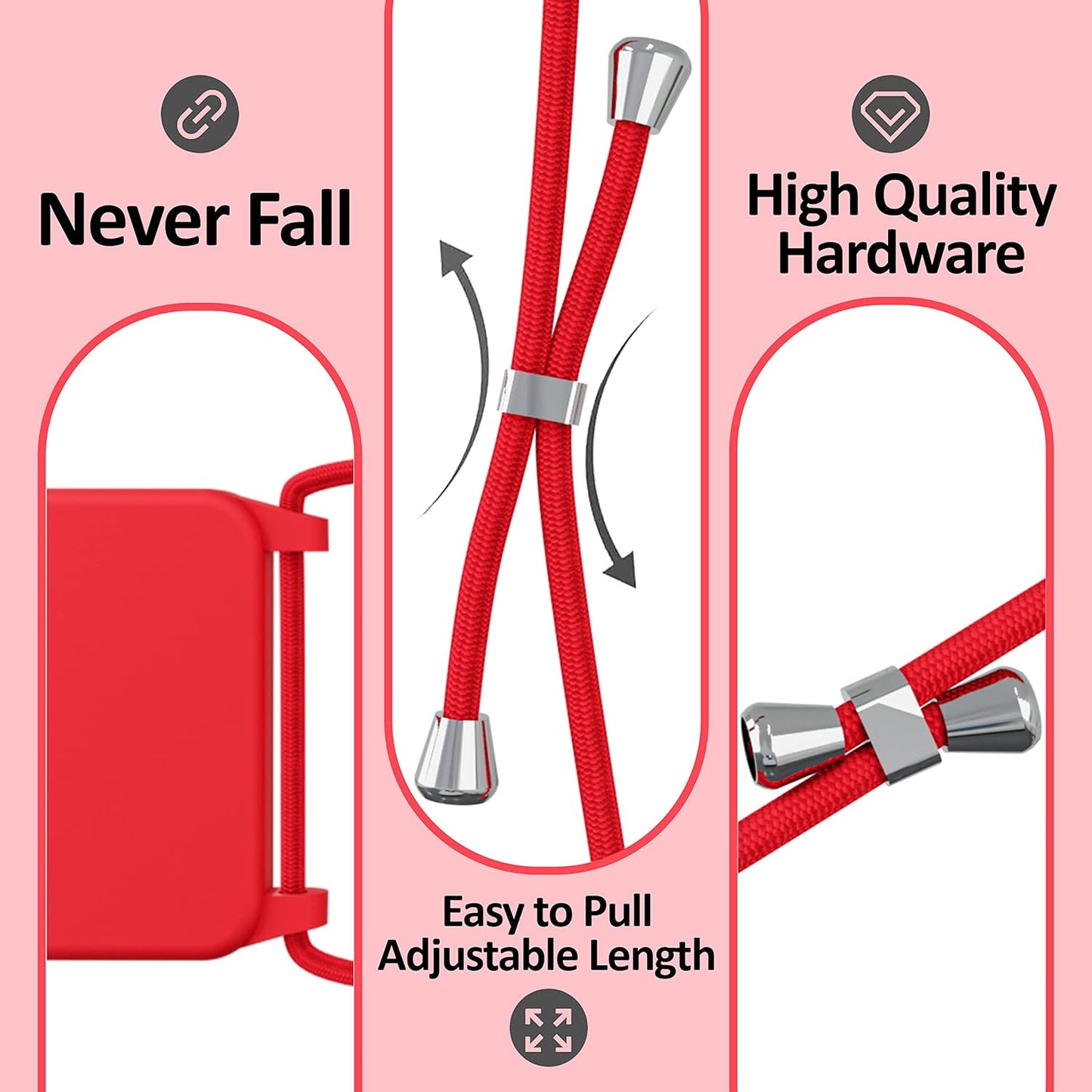 Blaspins Crossbody Lanyard Strap Case for iPhone 14, Neck Cross Body, Adjustable Holder Removable, Drop Protection Shockproof, Hands-Free Silicone Case Cover 6.1 inch, 150 cm Strap, iPhone 14 - Red