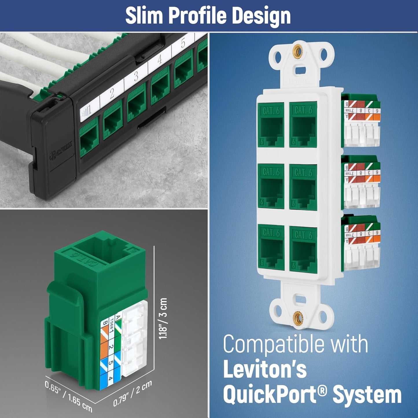 Everest 90° Angled RJ45 Cat6 Keystone Jacks 10-Pack in Green - Slim Profile Female RJ45 Connectors - Cat 6 Keystone Jack - Compatible with 90° Angled Speed Termination Tool - easyJACK (B094WB91H3)