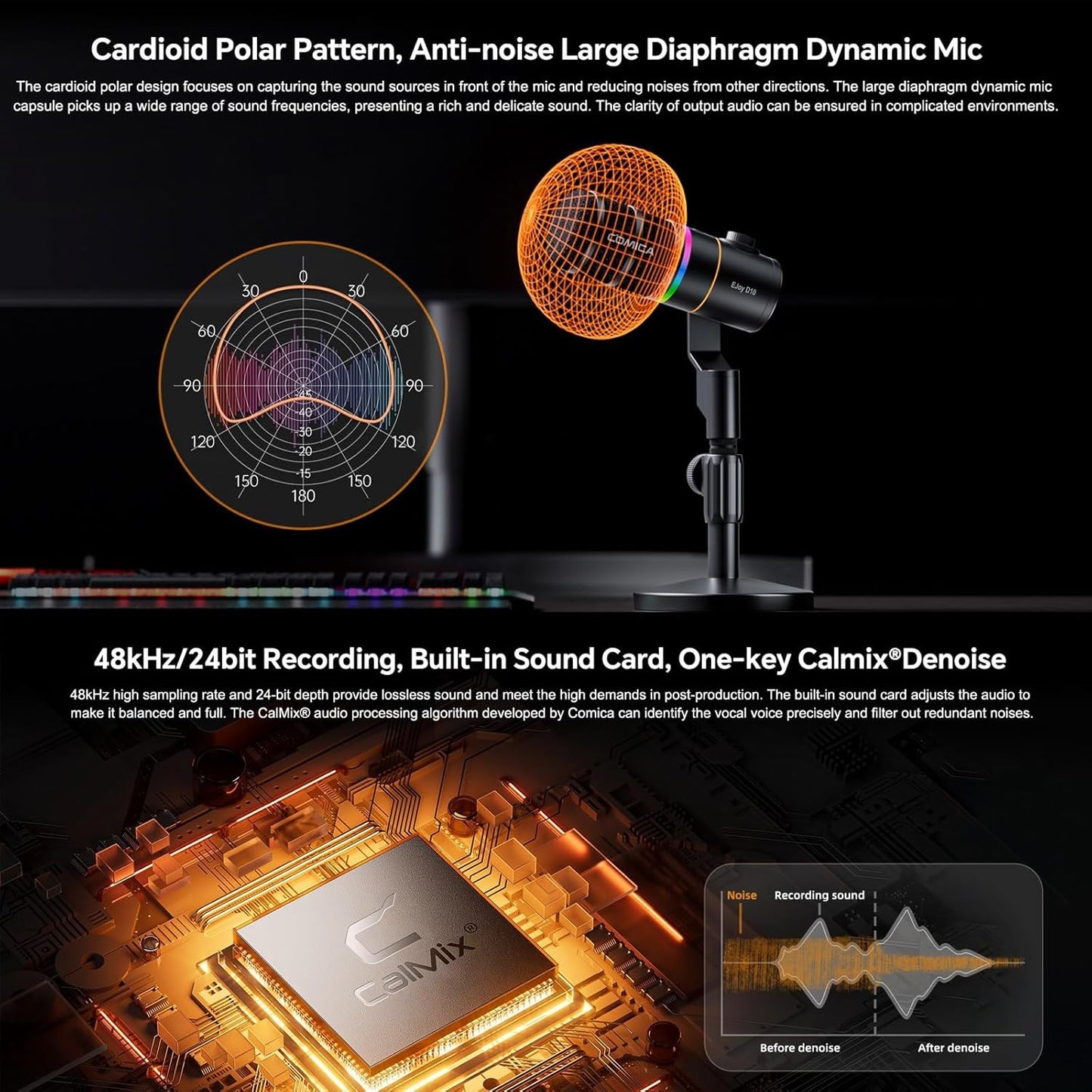 COMICA EJoy D10 A USB/XLR Dynamic Microphone with RGB Light &CalMix Denoise &Mute Button- Studio-Quality Cardioid Mic with Boom Arm Stand for Gaming, Streaming, Podcast,YouTube(PC/PS5/Xbox/Mac-Black