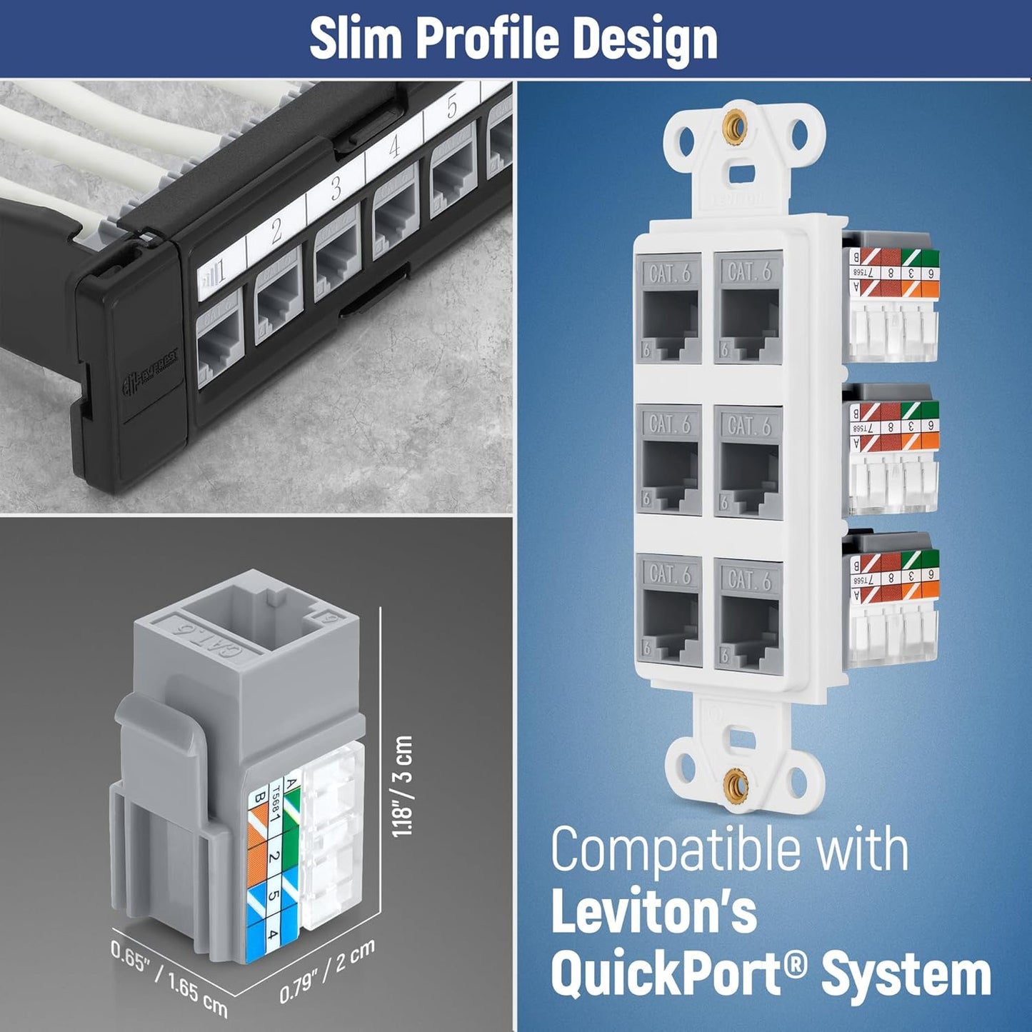 Everest 90° Angled RJ45 Cat6A Keystone Jacks 10-Pack in Gray - Slim Profile Female RJ45 Connectors - Cat 6A Keystone Jack - Compatible with 90° Angled Speed Termination Tool - easyJACK (B094WB91H3)