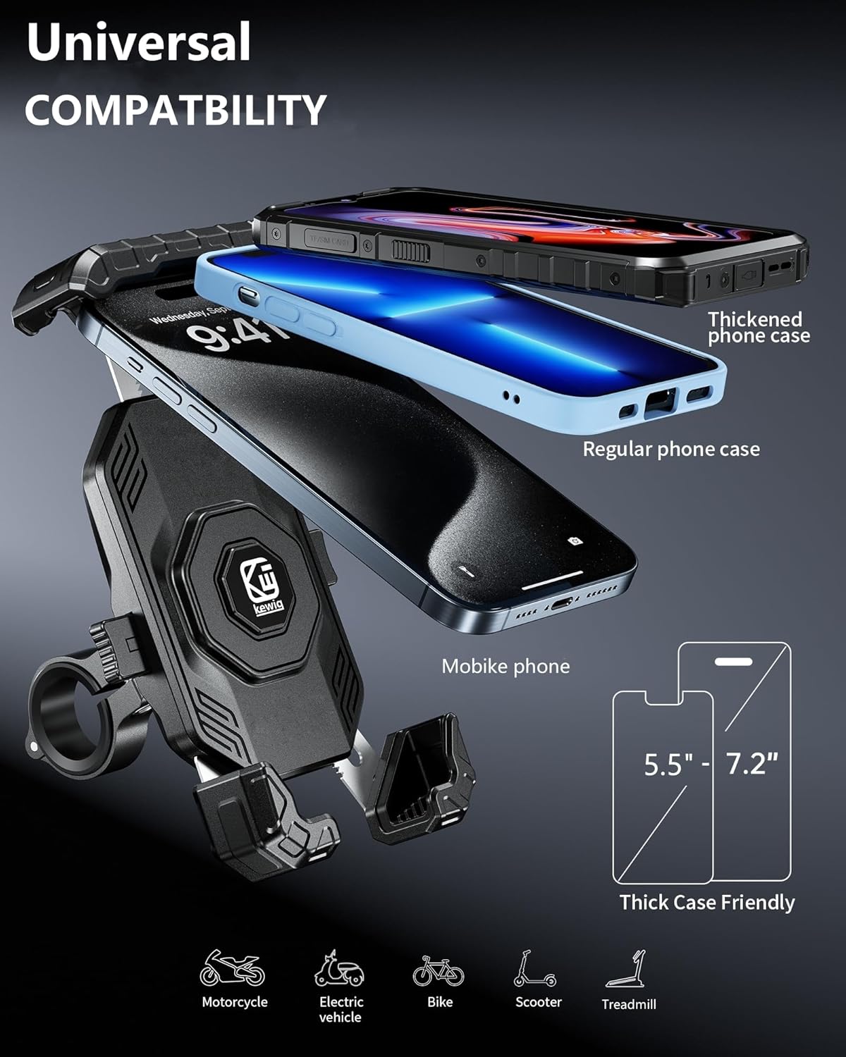 Kewig Motorcycle Phone Mount Holder - [No Scratches Camera ] [1s Lock] Motorcycle Cell Phone Mount, Bike Handlebar Phone Holder for 5.5-7.2" Phones"