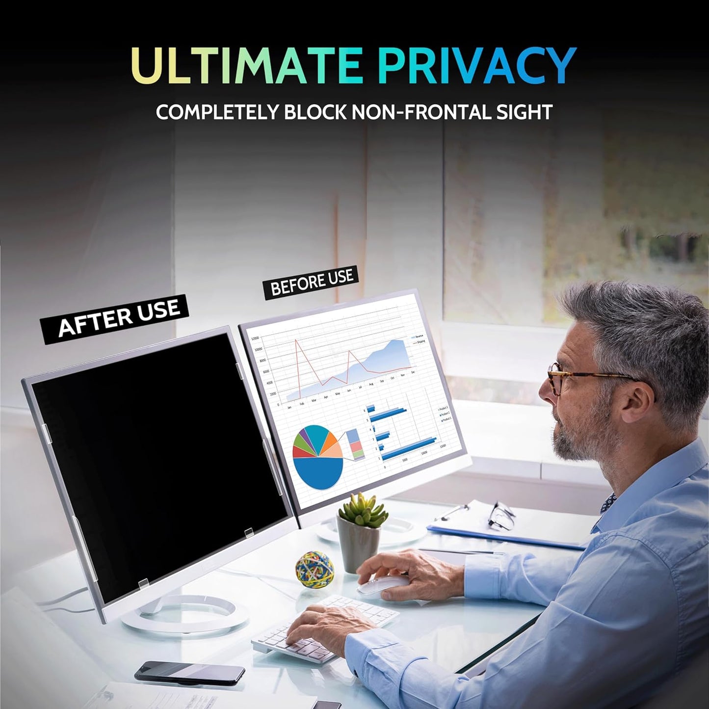 [2-Pack] 24 Inch Privacy Screen for Computer Monitor 16:9 Aspect Ratio, Eye Protection Anti Blue Light Glare Shield, 24inch Removable Black Blackout Anti Spy Desktop Security Private Filter