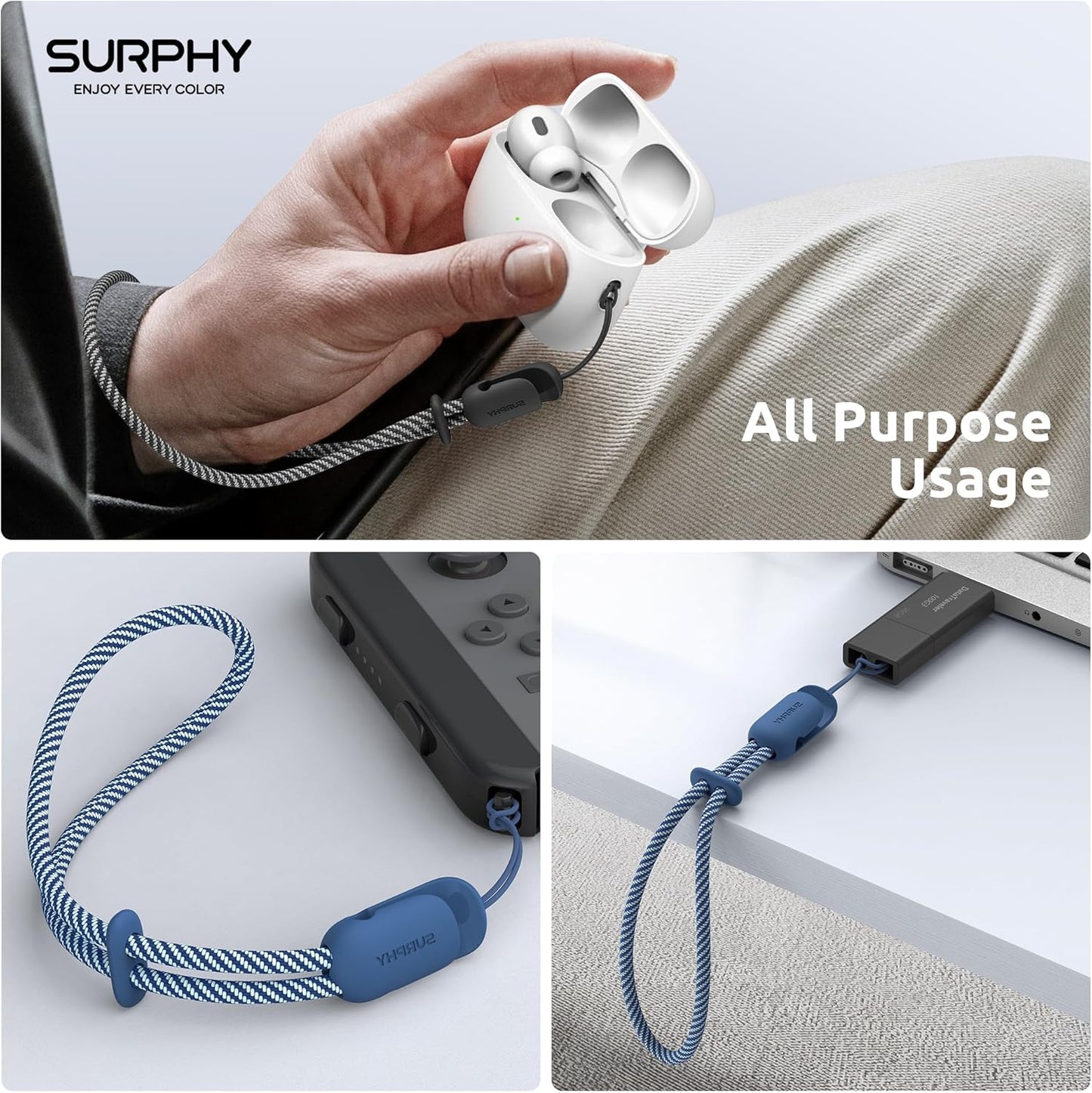 SURPHY 2 Pack Phone Lanyard for Cellphone Case, Phone Wrist Strap for Case, Cellphone Strap with 2-Color Braided, Charm Wrist Lanyard for Women, Cellphone Wrist Lanyard for Women, Black & Blue Jay