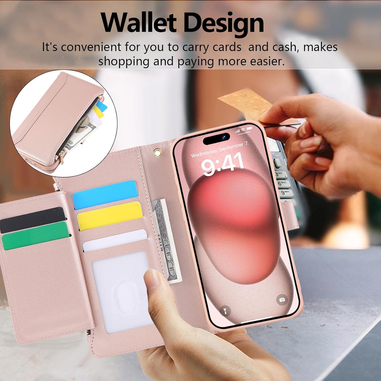 Compatible with iPhone 7/8/SE 2020/SE 2022 Wallet Case PU Leather Shockproof Protective Cover with Credit Card Slots, Zipper Pocket Detachable Wrist Strap,Unisex Design for Men/Women-Pink