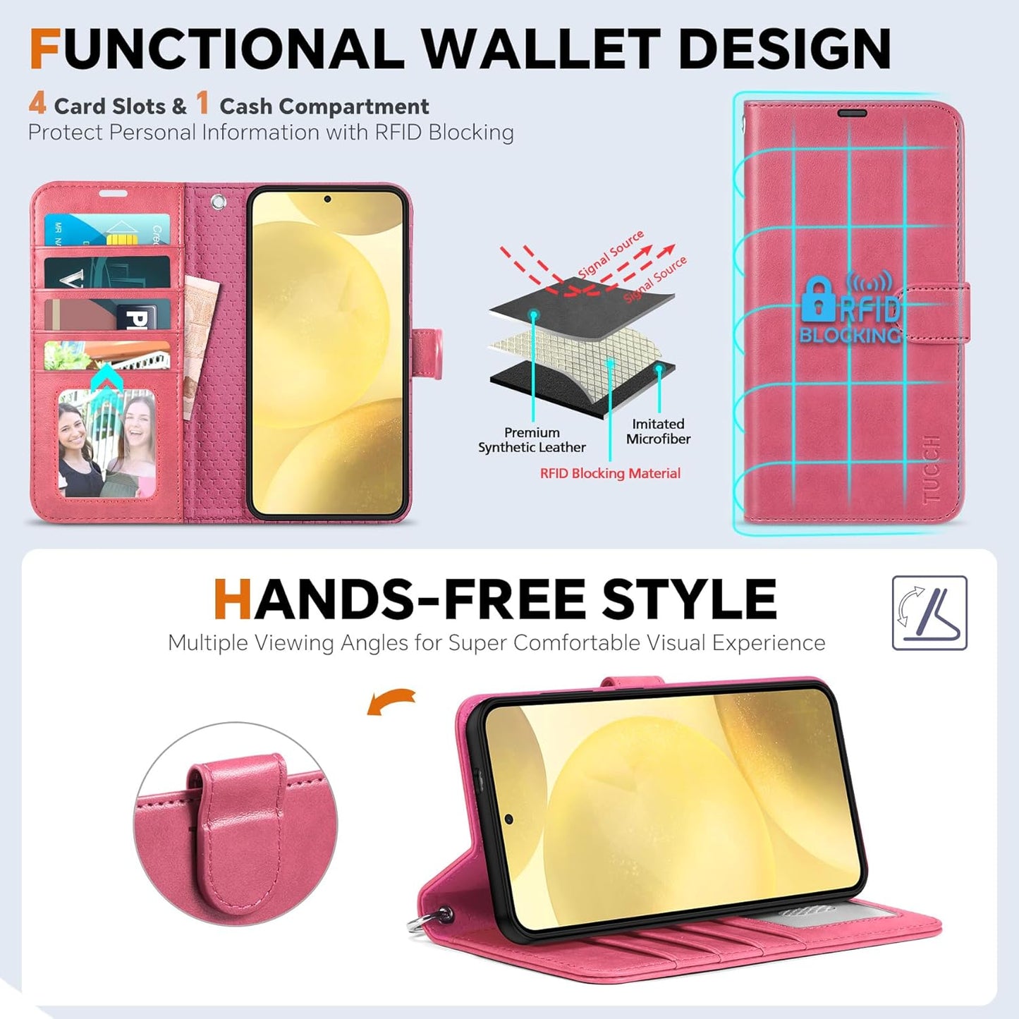 TUCCH Case for Galaxy S25 Plus, [Detachable] 2 in 1 Magnetic PU Leather Wallet Case Wrist Strap RFID Blocking Wireless Charging 4 Card Holder Stand Removable Folio Cover for Galaxy S25 Plus, Hot Pink