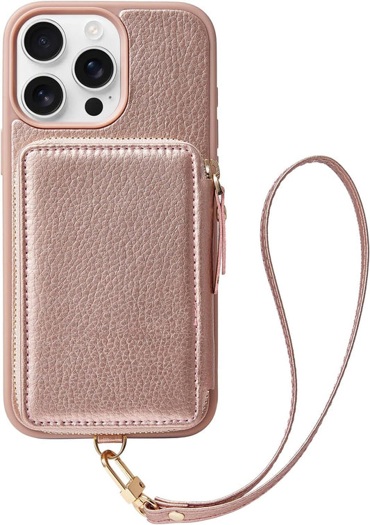 ZVE Wallet Case iPhone 15 Pro Max, Phone Case with Card Holder Wrist Strap, RFID Blocking Zipper Leather Gift Cover for Women for iPhone 15 Pro Max, 6.7"(2023) - Rose Gold"