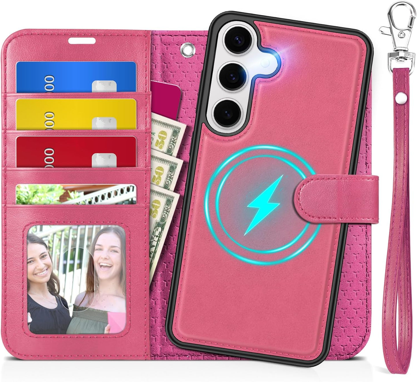 TUCCH Case for Galaxy S25, [Detachable] 2 in 1 Magnetic PU Leather Wallet Case Wrist Strap RFID Blocking [Wireless Charging] 4 Card Holders Stand Removable Flip Folio Cover for Galaxy S25, Hot Pink