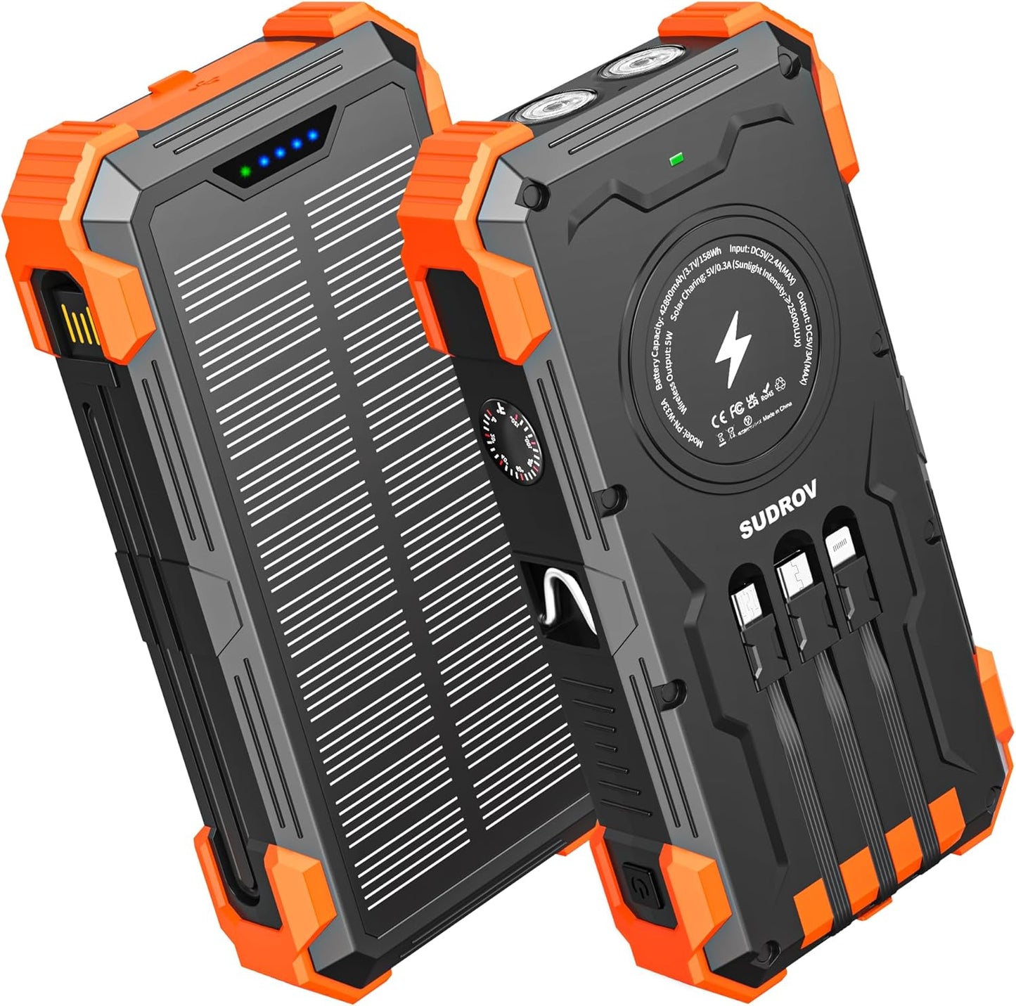 Solar Charger Power Bank, 42800mAh Wireless Portable Charger with USB-C in/Output, QC3.0 Fast Charging 15W 4 Ports Outdoor Battery Pack Built-in Dual Led Flashlights for iPhone Samsung etc
