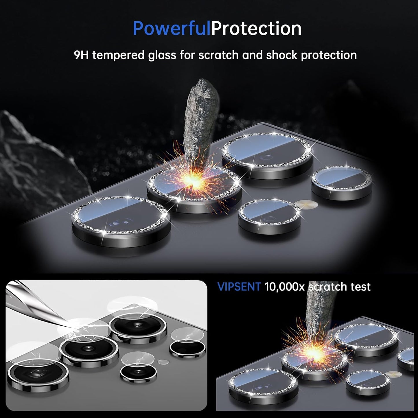 For Samsung Galaxy S24 Ultra Camera Lens Protector, Individual Lens Protector, Ultra HD 9H Tempered Glass Screen Protective Cover, Anti-scratch, Military Grade Drop Protection 2 Set. (Glitter Black, S24 Ultra)