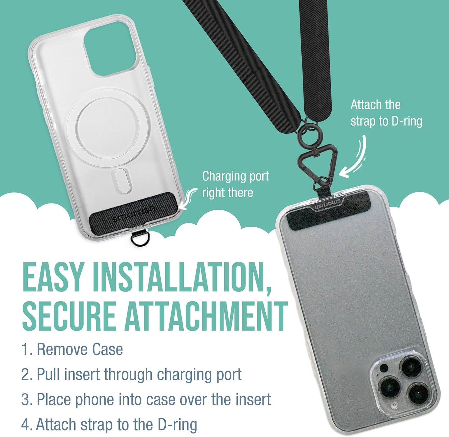 Smartish Phone Lanyard - Case Clinger - Universal iPhone Holder w/Detachable Crossbody Shoulder Neck Strap w/Storage Loops, Fidlock, Insert for Phone Cases iPhone, Galaxy, Pixel - Black Tie Affair