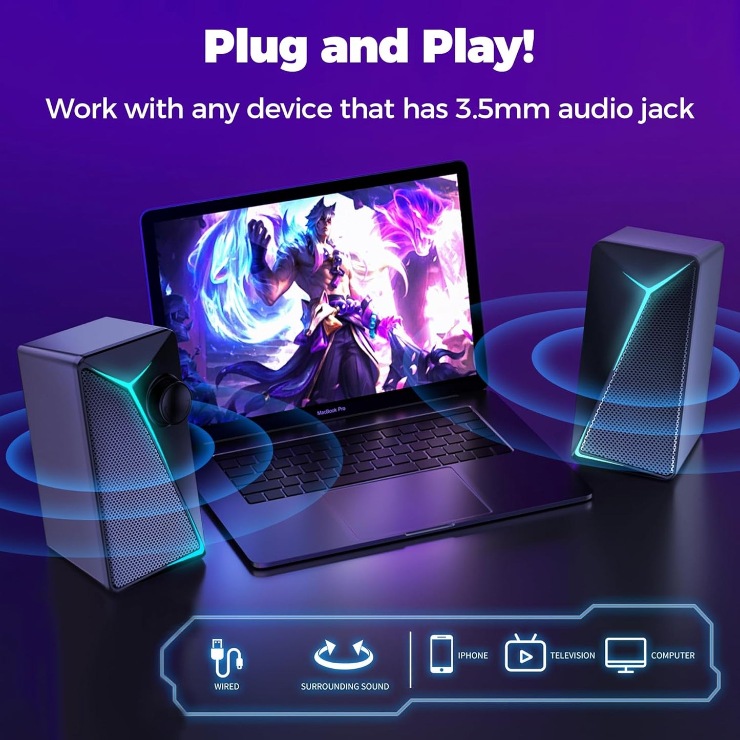 ROSON Computer Speakers, Gaming PC Speakers with Enhanced Bass and Volume Control, Stereo 2.0 USB Powered 3.5mm Aux Multimedia Speakers for Laptop/Desktop/Tablets/Phone