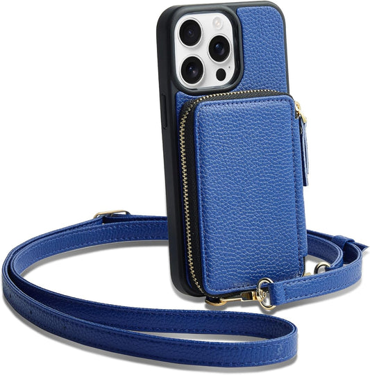 ZVE for iPhone 15 Pro Crossbody Wallet Case for Women, Card Holder Phone Purse Case, RFID Blocking Zipper Leather Cover with Wrist Strap for iPhone 15 Pro(6.1 inch)- Navy Blue