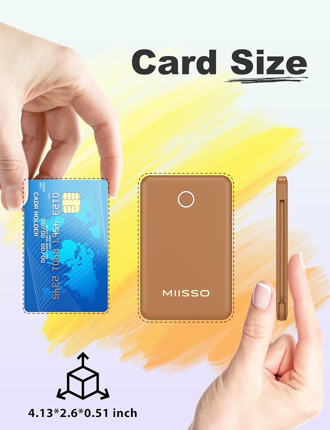 6000mah Ultra Slim Built in Cables Power Bank, Card Size Built in USB C Cords Battery Pack Portable Charger for Phones, 3 Output External Battery Pack Compatible with iPhone, Samsung, Google, Brown