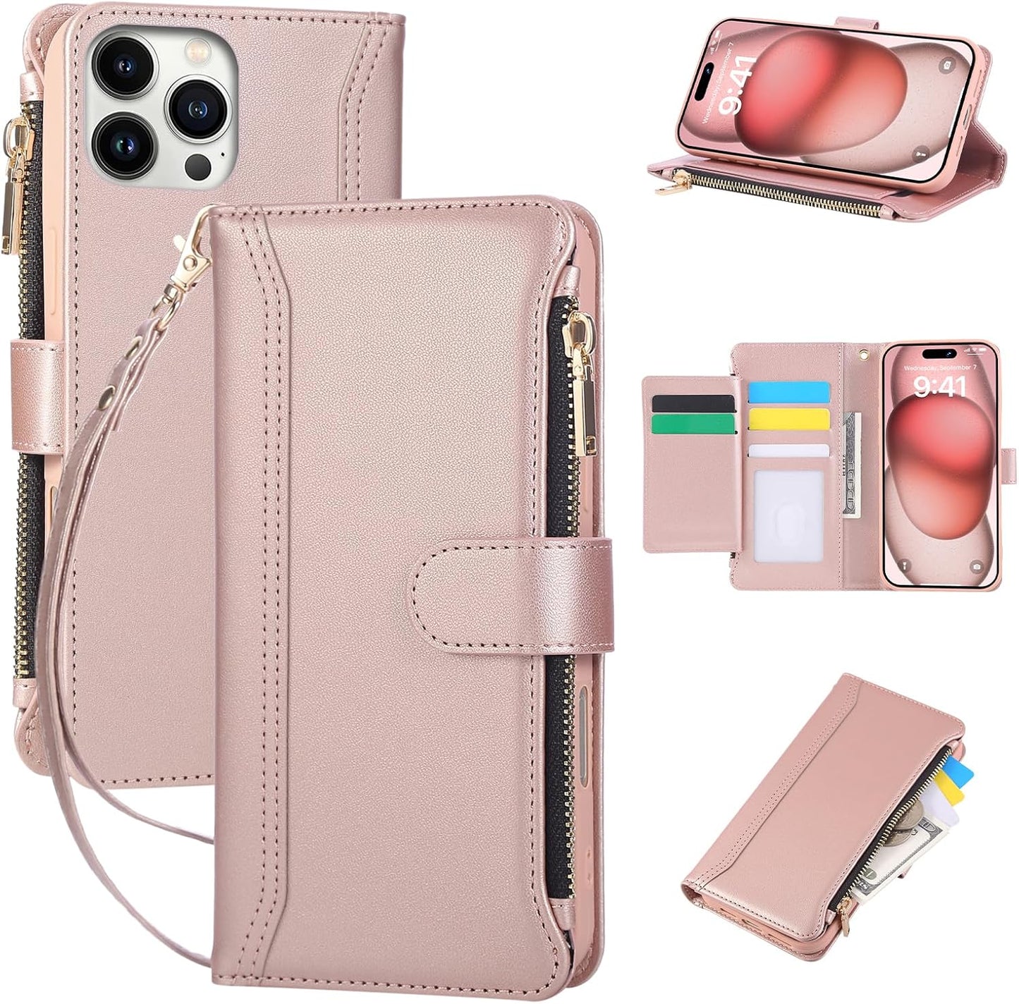 Compatible with iPhone 15 Pro Max Wallet Phone Case-PU Leather Magnetic Flip Cover with Credit Card Slots,Zipper Pocket & Detachable Wrist Strap,Shockproof Design,for Women and Men-Pink