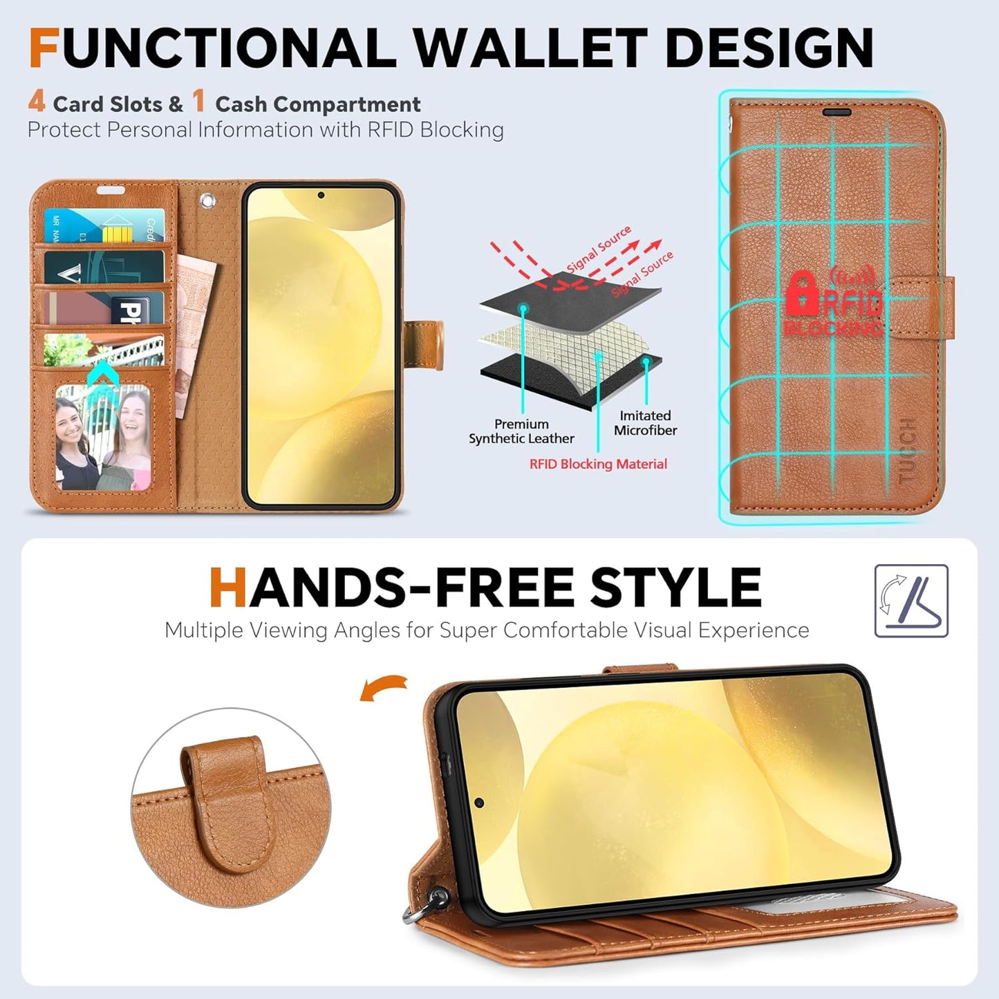 TUCCH Wallet Case for Galaxy S25 Plus, Removable 2 in 1 RFID Blocking [4 Card Slots] Wrist Strap [Wireless Charging] Kickstand PU Leather Magnetic Detachable Folio Cover for Galaxy S25 Plus, Brown