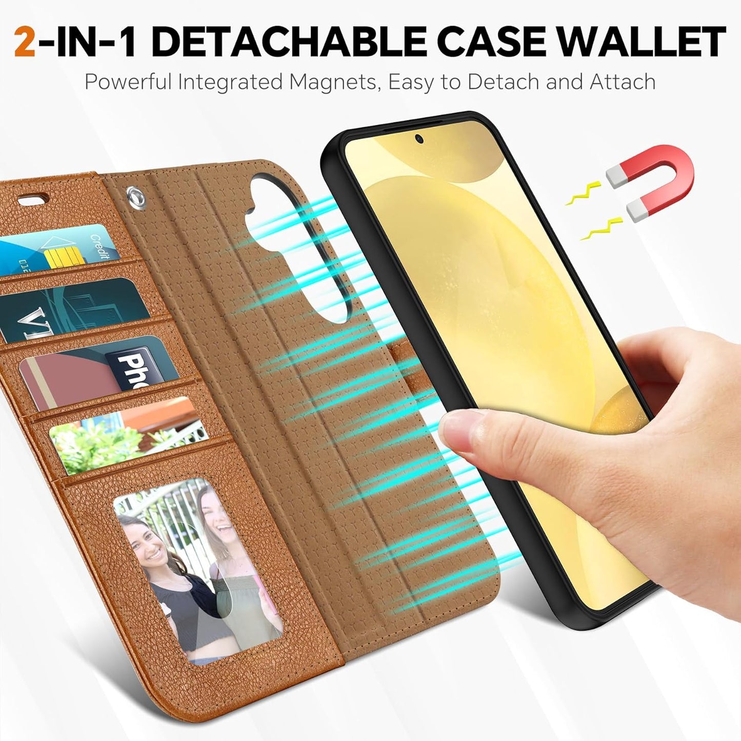 TUCCH Wallet Case for Galaxy S25, Removable 2 in 1 RFID Blocking [4 Card Slots] Wrist Strap [Wireless Charging] Kickstand PU Leather Magnetic Detachable Protective Folio Cover for Galaxy S25, Brown