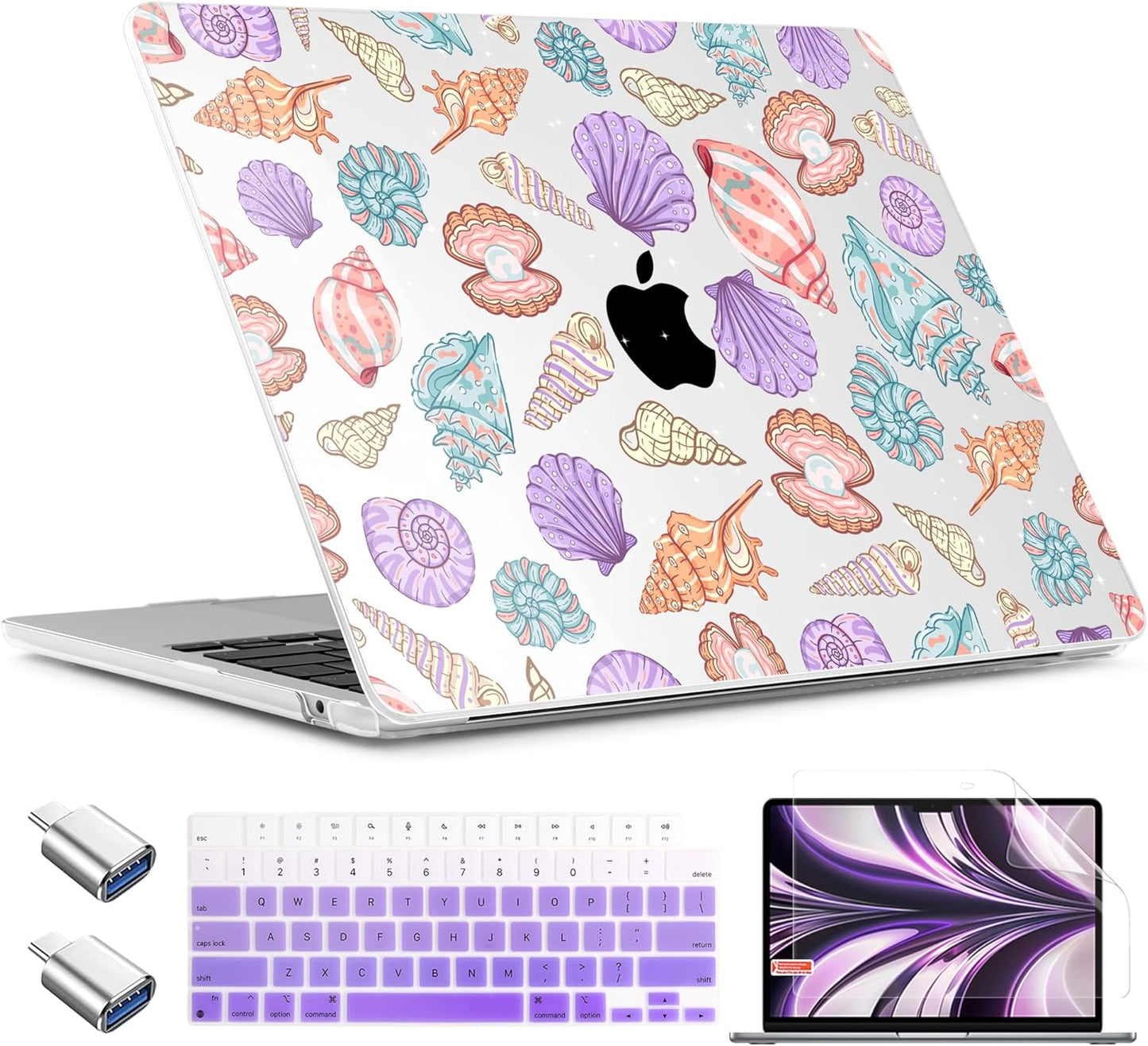 TWOLSKOO Compatible with M4 MacBook Air 13.6 inch Case 2025-2022 Release M4 A3240 M3 A3113 M2 A2681, Plastic Hard Shell & Keyboard Cover & Type C Adapter & Screen Protector, Colorful Shells