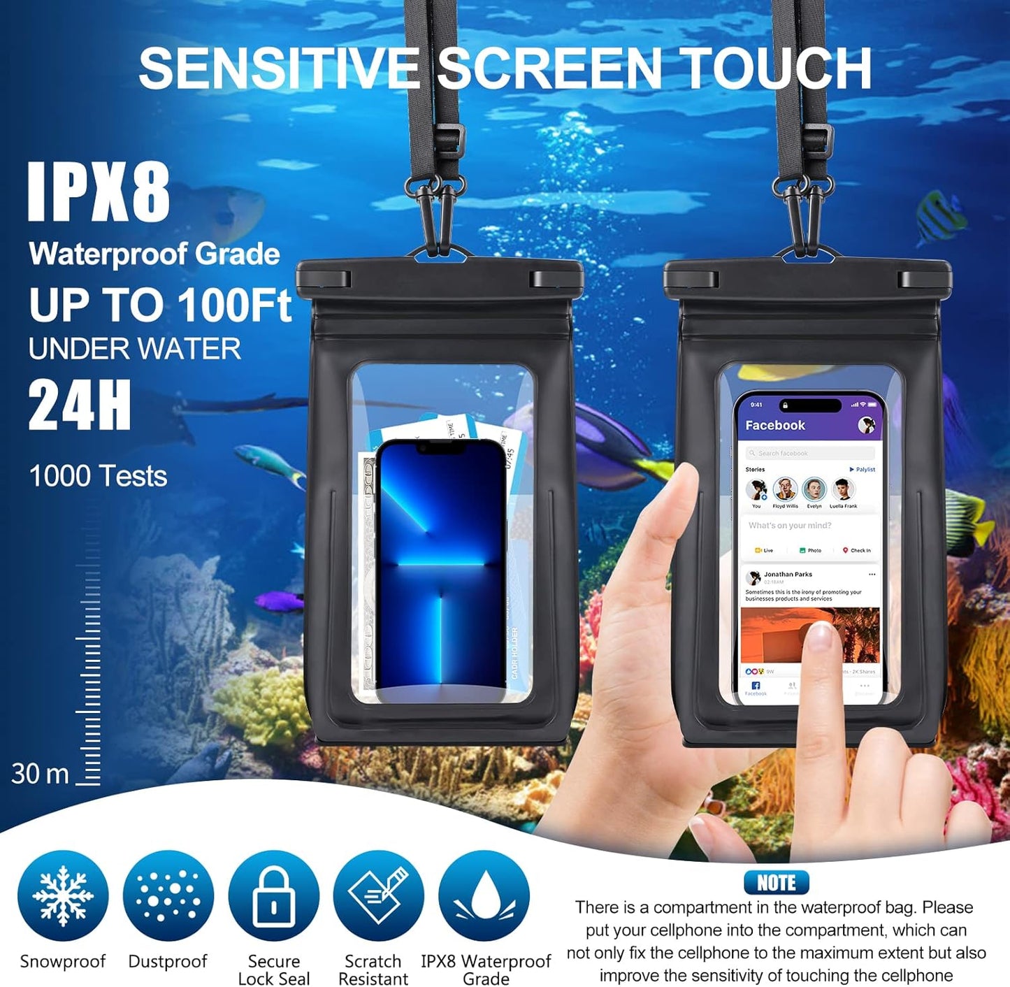 Waterproof Phone Pouch for Cruise Ship Essentials 2024 Woman, Large Waterproof Cellphone Dry Bag Floating for iPhone 16 15 14 13 12 11 Pro Max Galaxy S20-S24, Up to 7" IPX8 HD Touch Protector 2 Pack"