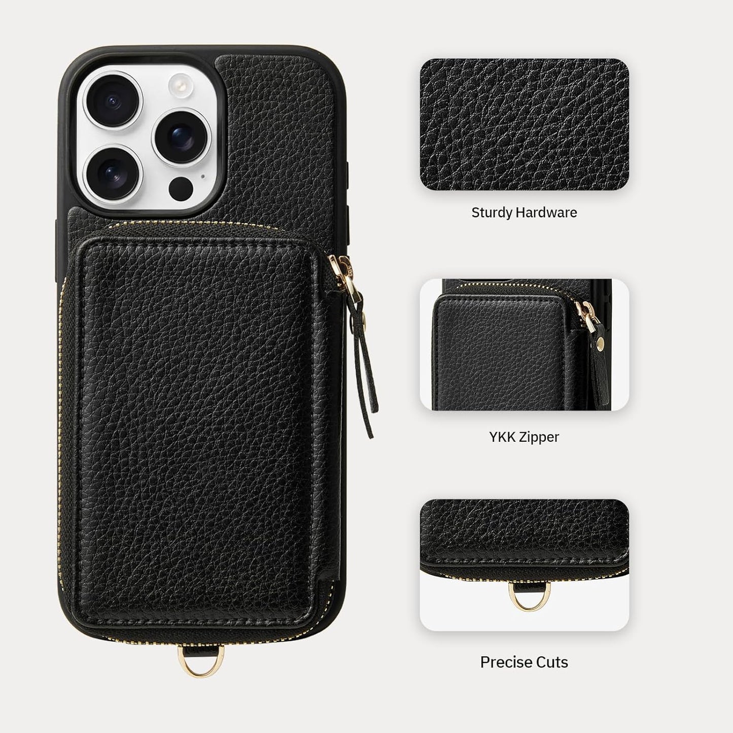 ZVE Wallet Case for iPhone 15 Pro, Phone Case with Card Holder with Wrist Strap RFID Blocking Zipper Leather Cover for Women for iPhone 15 Pro, 6.1"(2023) - Black"
