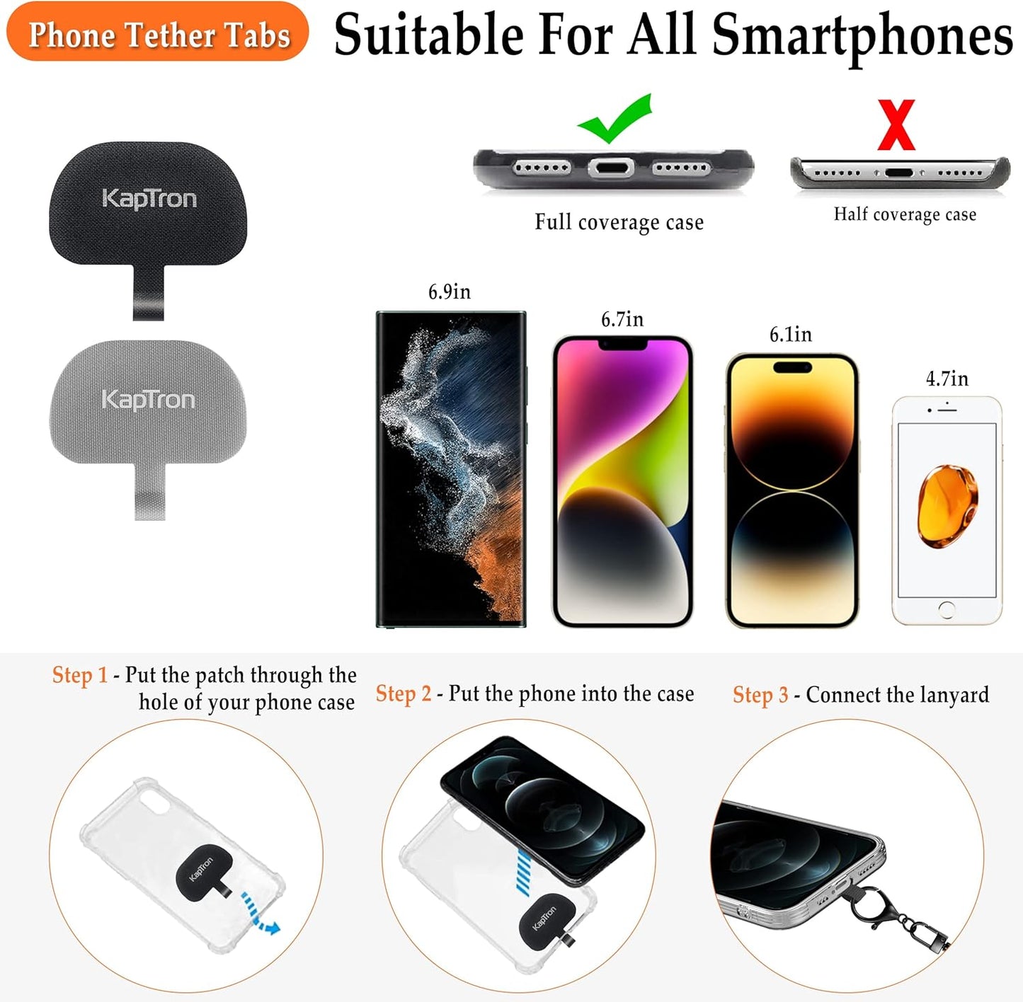 Kaptron Universal Phone Lanyard with Wrist Strap, Adjustable Crossbody Cell Phone Lanyard Neck Strap and Wristlet Strap with 2 Lobster Clips, Phone Tether Patches and Phone Straps (Black, 2 Pack)