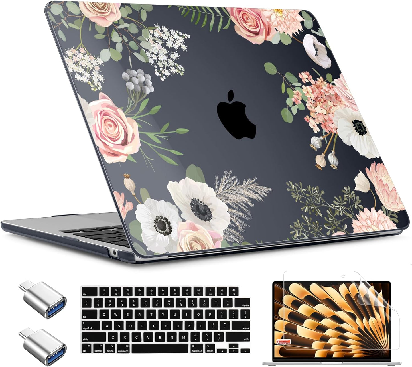 TWOLSKOO Compatible with M4 MacBook Air 15 inch Case 2025-2023 Released Model M4 A3241 M3 A3114 M2 A2941, Plastic Hard Shell & Screen Protector & Keyboard Cover & Type C Adapter, Rose Flower