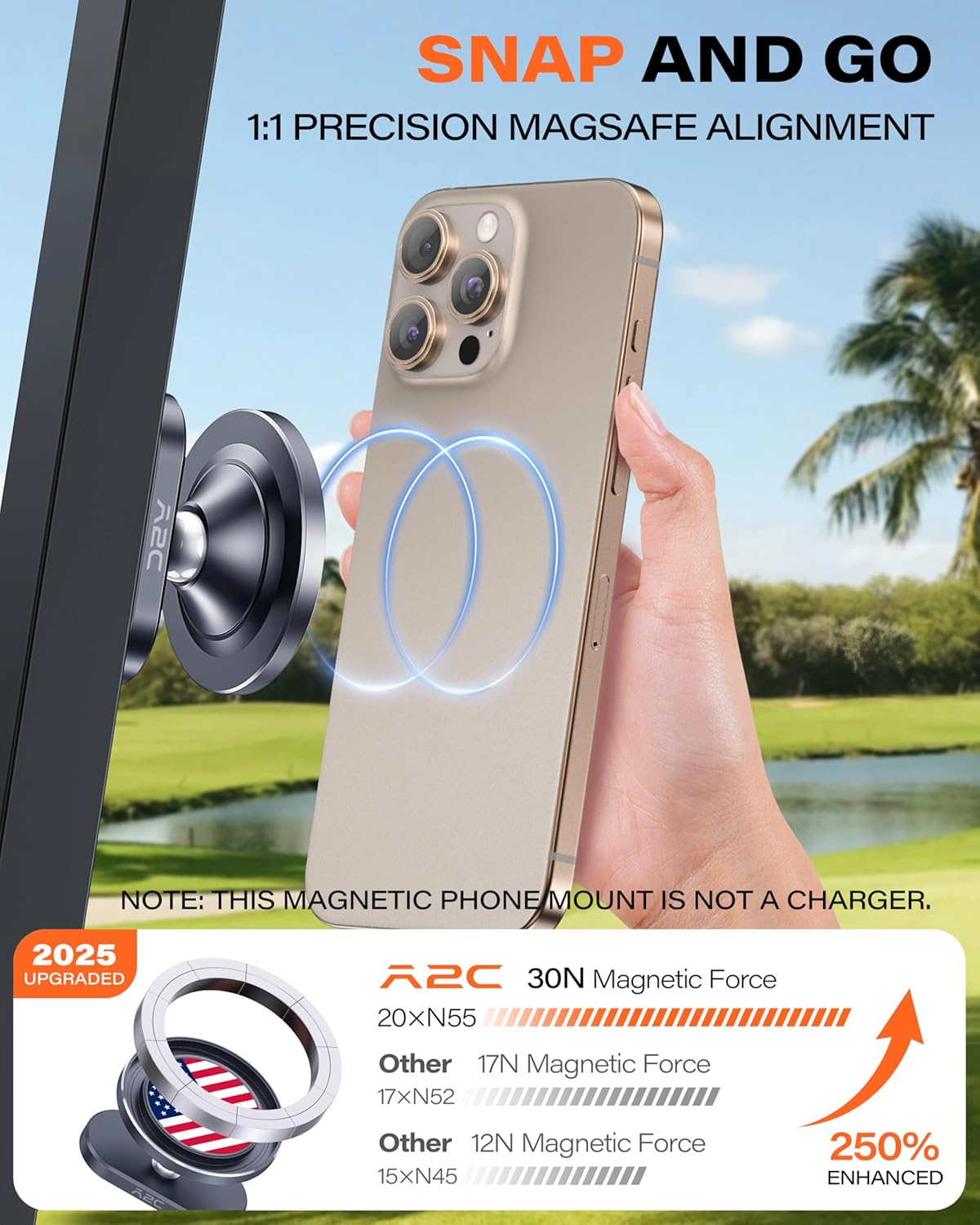 A2C Alloy Magnetic Golf Cart Phone Holder Compatible with MagSafe iPhone 16 Pro Max Plus 15 14 13 12 Mini Fits EZGO, Club Car, Yamaha, Icon, Golf Cart Accessories Essentials Gift (US Flag)