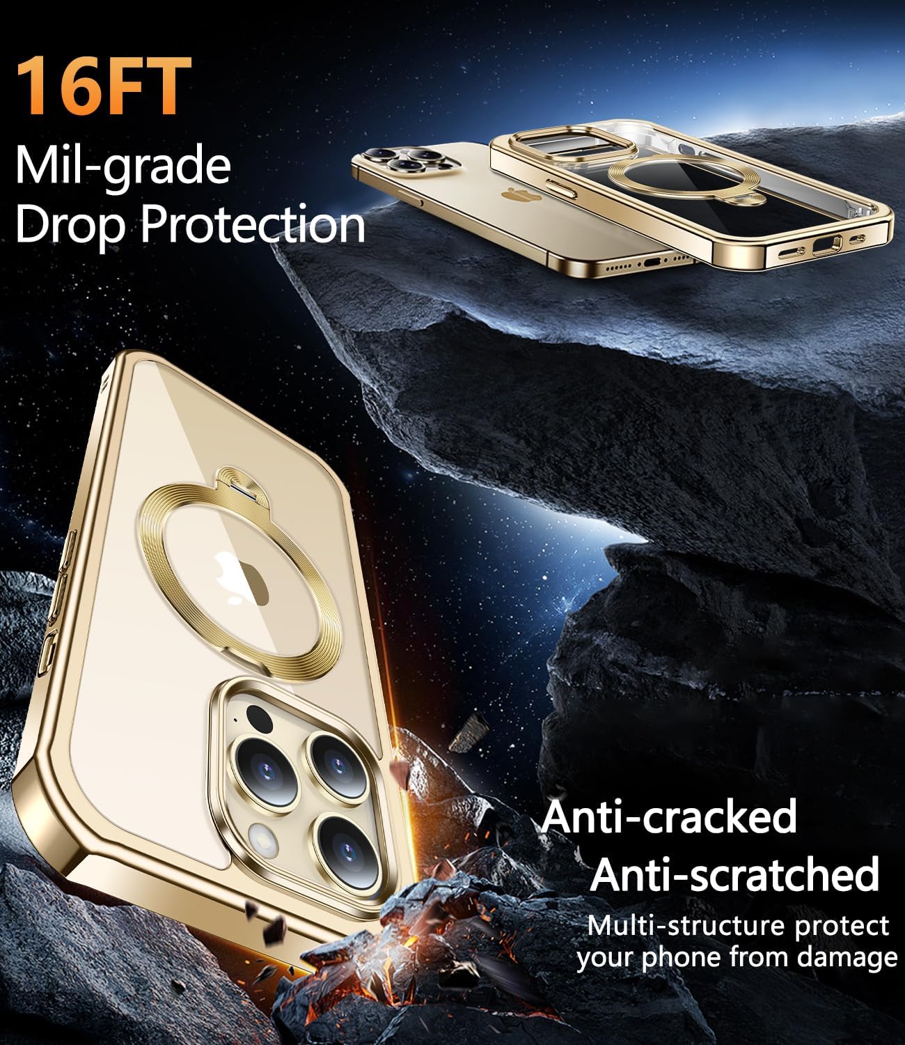 [360° Rotatable CD Stand & Built-in Privacy Screen Magnetic Case for iPhone 14 Pro [Compatible with MagSafe & Full Signal] Mil-Grade Shockproof Full Body Anti-Spy Cover for 14 Pro-Gold