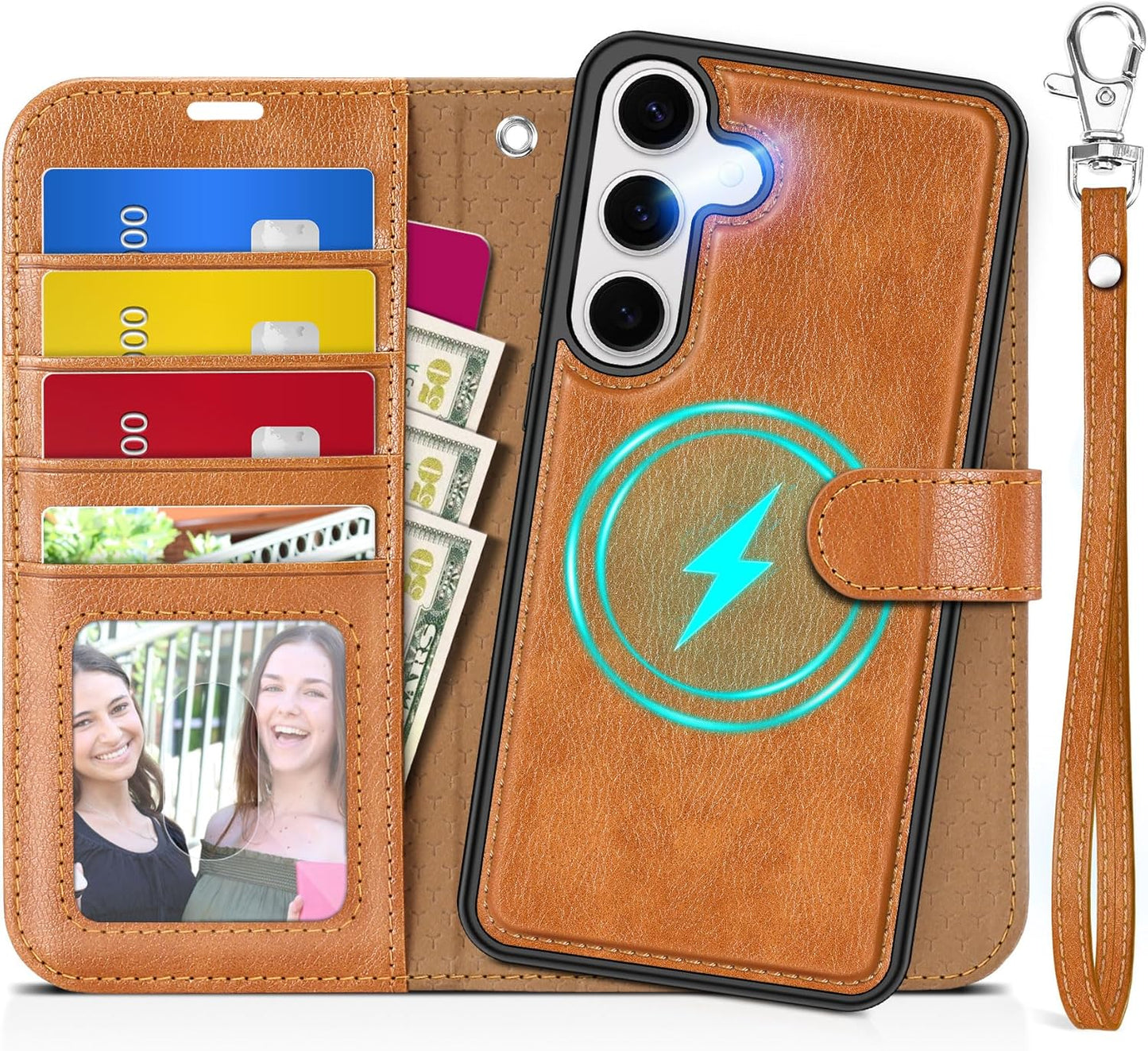 TUCCH Wallet Case for Galaxy S25 Plus, Removable 2 in 1 RFID Blocking [4 Card Slots] Wrist Strap [Wireless Charging] Kickstand PU Leather Magnetic Detachable Folio Cover for Galaxy S25 Plus, Brown